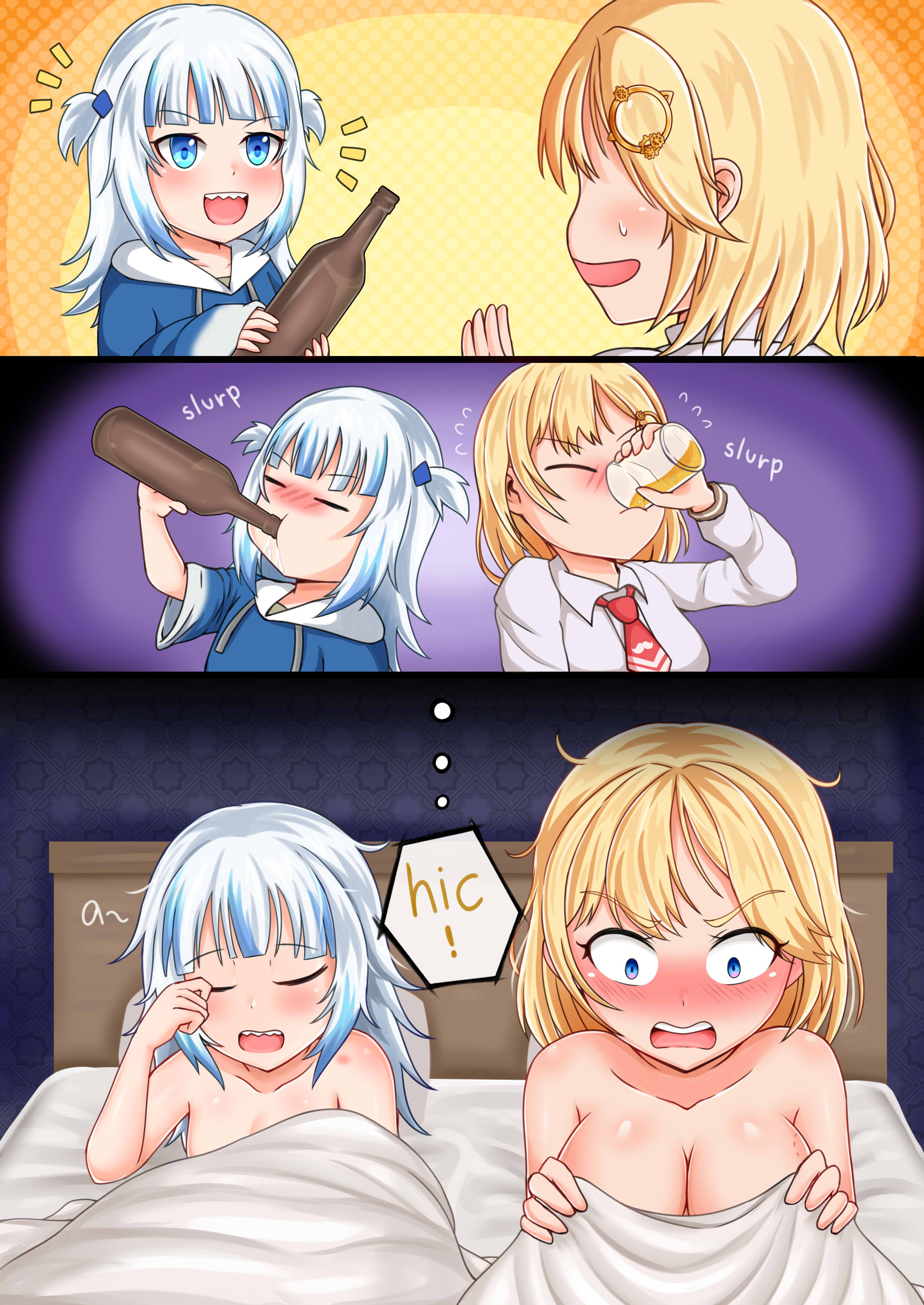 a, hololive, virtual youtuber, 2girls, bed, bite mark, blonde hair, blue eyes, blush, chira573, drinking, eyebrows visible through hair, gawr gura, hololive english, watson amelia, white hair, wholesome, yuri, 