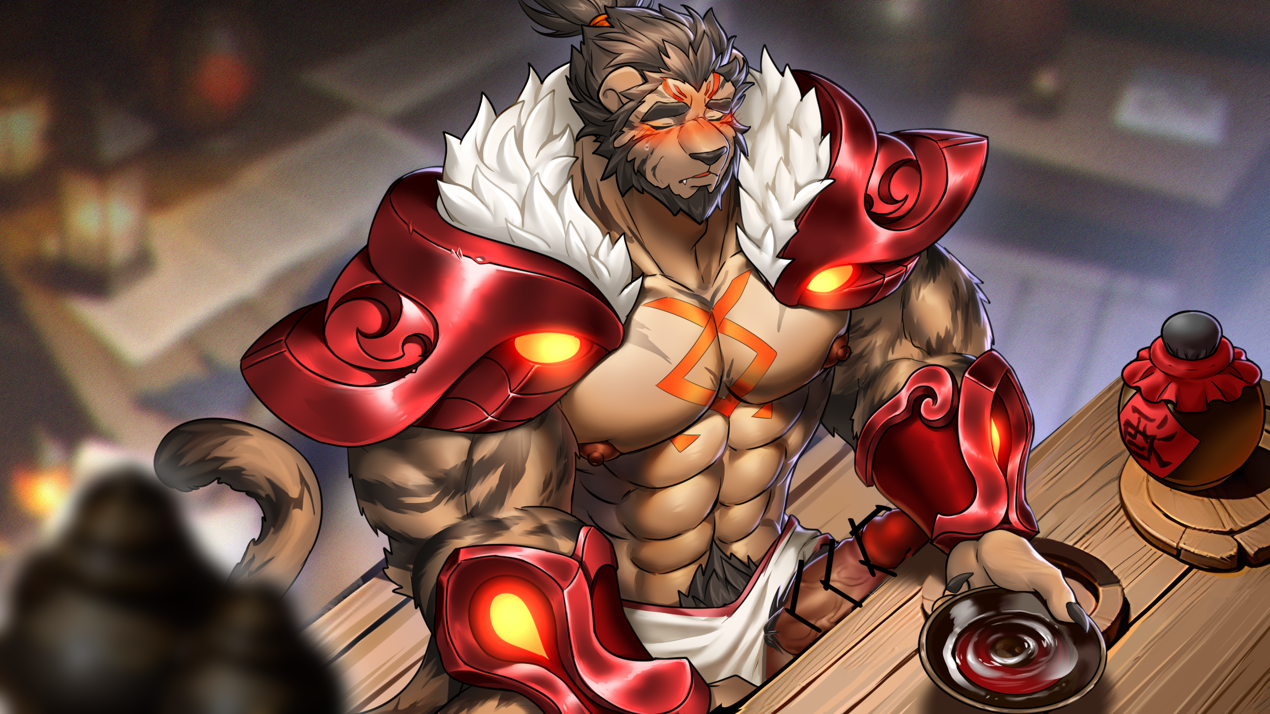 2023 abs anthro armor beverage blush censor_bar censored claws closed_eyes clothing clothing_aside erection felid furniture genitals hi_res high-angle_view holding_beverage holding_object humanoid_genitalia humanoid_penis littef male mammal nipples pantherine penis pubes red_eyes sitting solo table tiger underwear underwear_aside vein veiny_penis