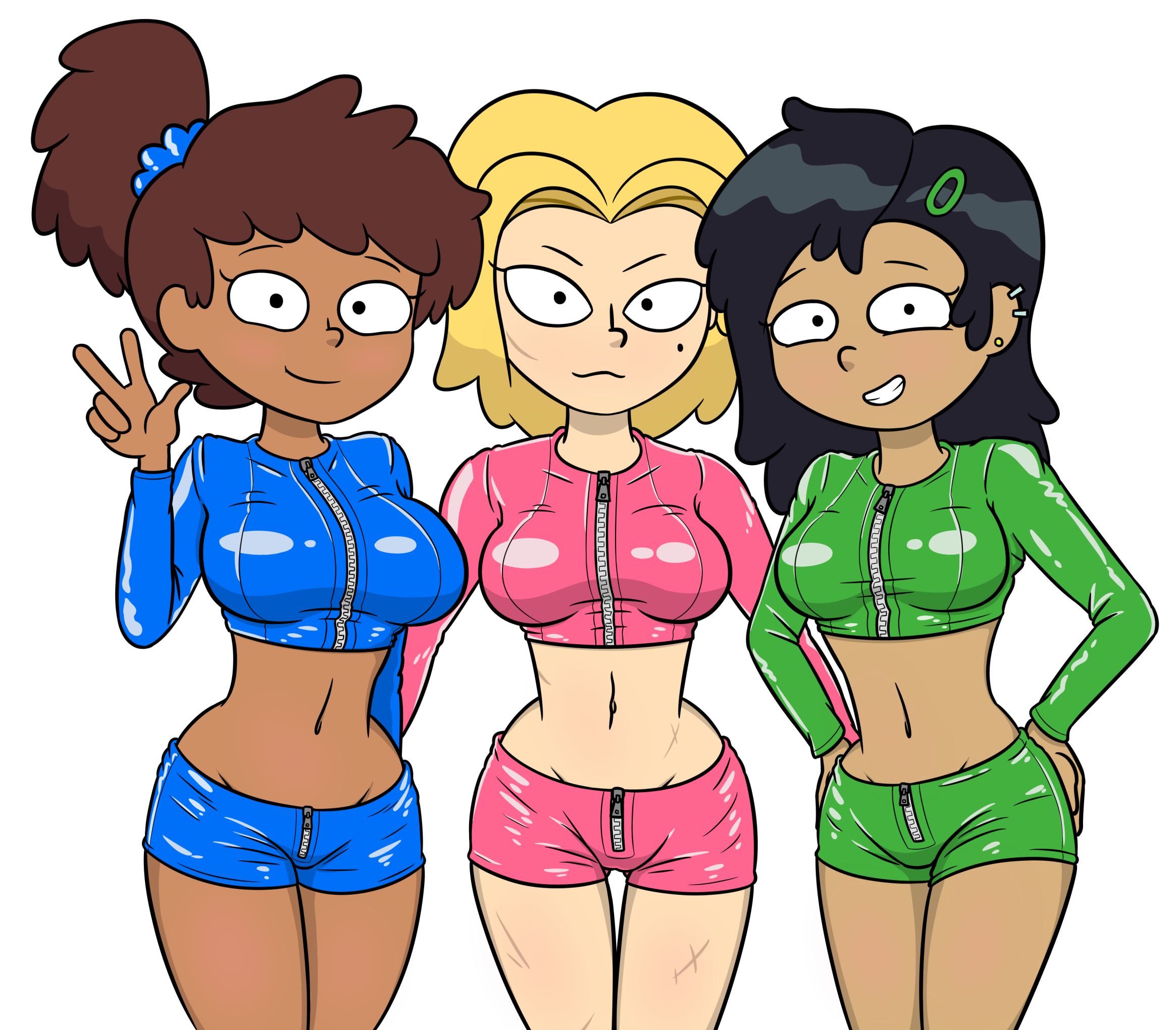 3girls amphibia amphibia_(finale) anne_boonchuy anonymous_artist asian_female big_breasts black_hair blonde-haired_female blonde_female breasts brown_hair dark-skinned_female dark_skin disney disney_channel female female_only fully_clothed latex latex_clothing latex_shorts latex_topwear marcy_wu revealing_clothes sasha_waybright shiny_clothes shorts taiwanese thai tight_clothing top trio white_female zipper