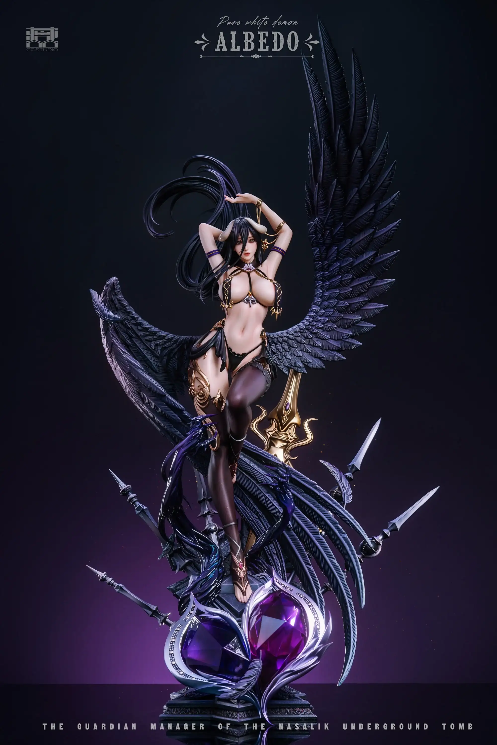 3d albedo_(overlord) bewitching_thighs black_hair figurine full_body hamajippa high_heels horn large_breasts long_legs midriff overlord_(maruyama) stockings wings