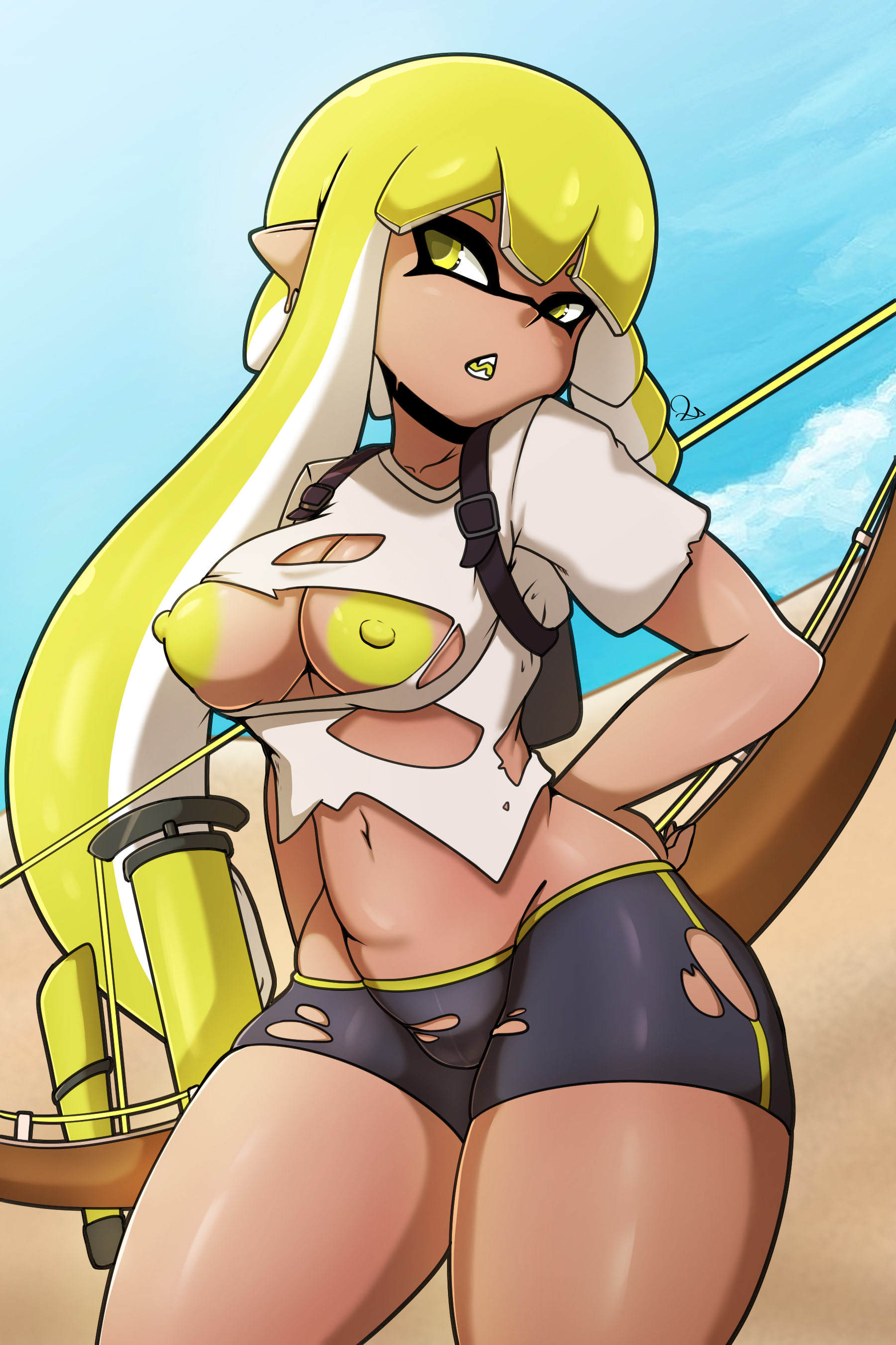 zzvinniezz, inkling, inkling girl, nintendo, splatoon, tagme, 1girls, splatoon 3, torn clothes, torn shirt, 