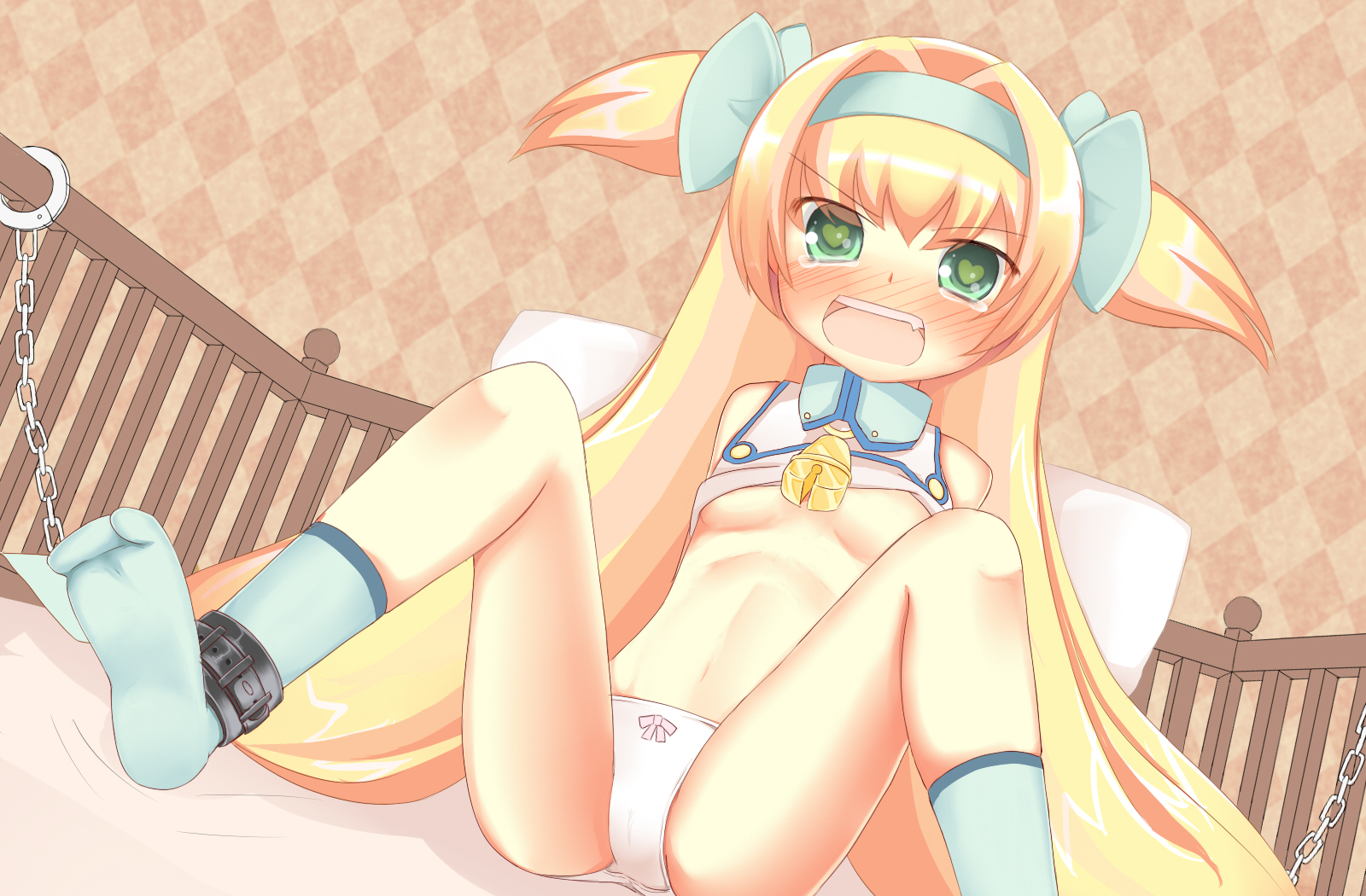 platinum the trinity, blazblue, tagme, bed, bell, blonde hair, blush, breast, crying, flat chest, green eyess, green ribbons, long hair, open mouth, panties, restrained, ribbon, shackles, socks, tear, 