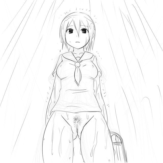 aaaa, copyright request, monochrome, bottomless, pubic hair, pussy, rain, school uniform, serafuku, short hair, solo, 