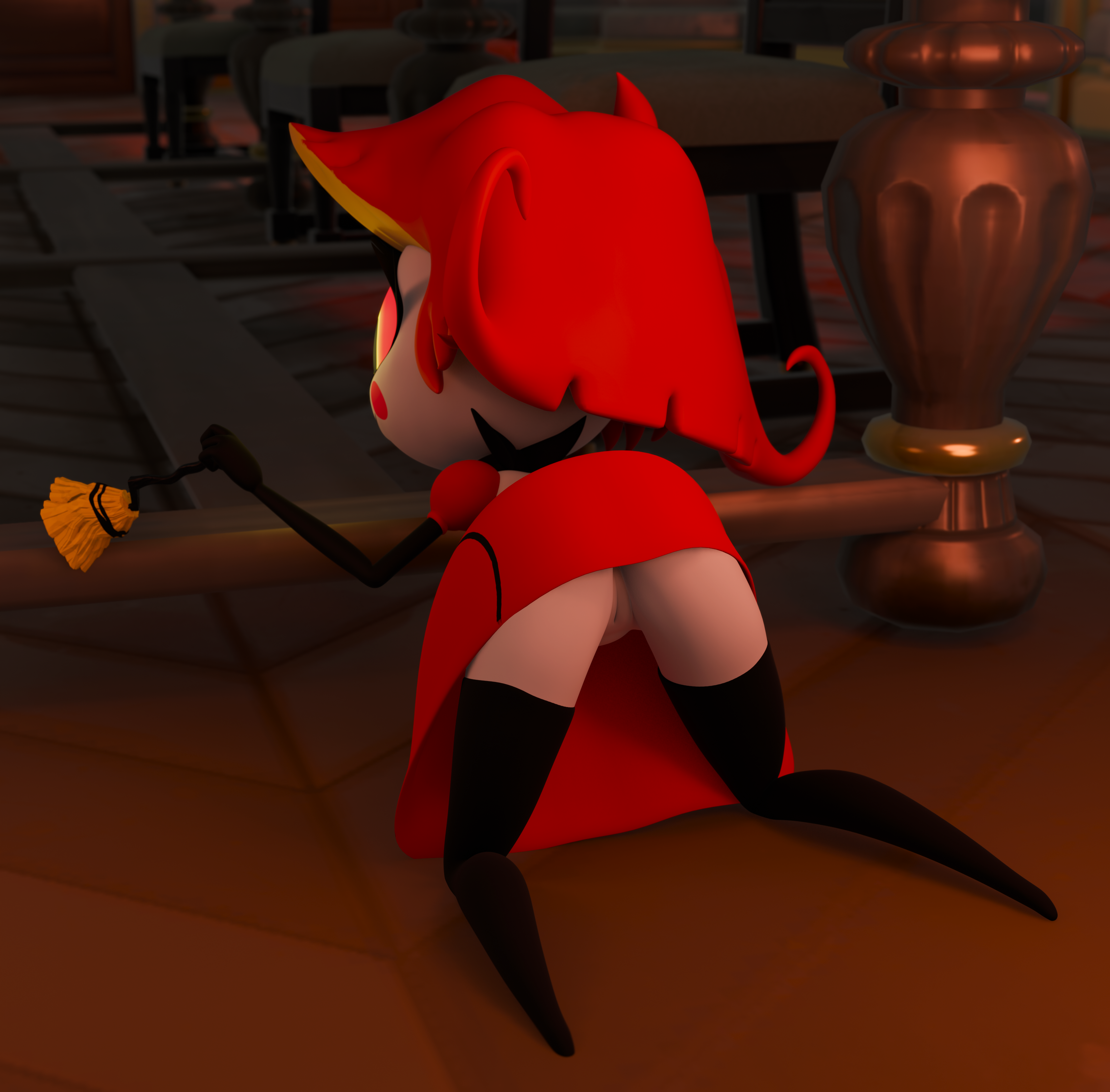 1girls absurd_res ass background blender cyclops_girl demon_girl dress duster exposed_pussy female female_only genital_focus glowing_eyes hazbin_hotel lorded maid_outfit mostly_clothed mostly_nude_female niffty no_panties no_underwear oblivious on_hands_and_knees pussy red_hair table thighhighs upskirt vivziepop vulva wardrobe_malfunction white_skin