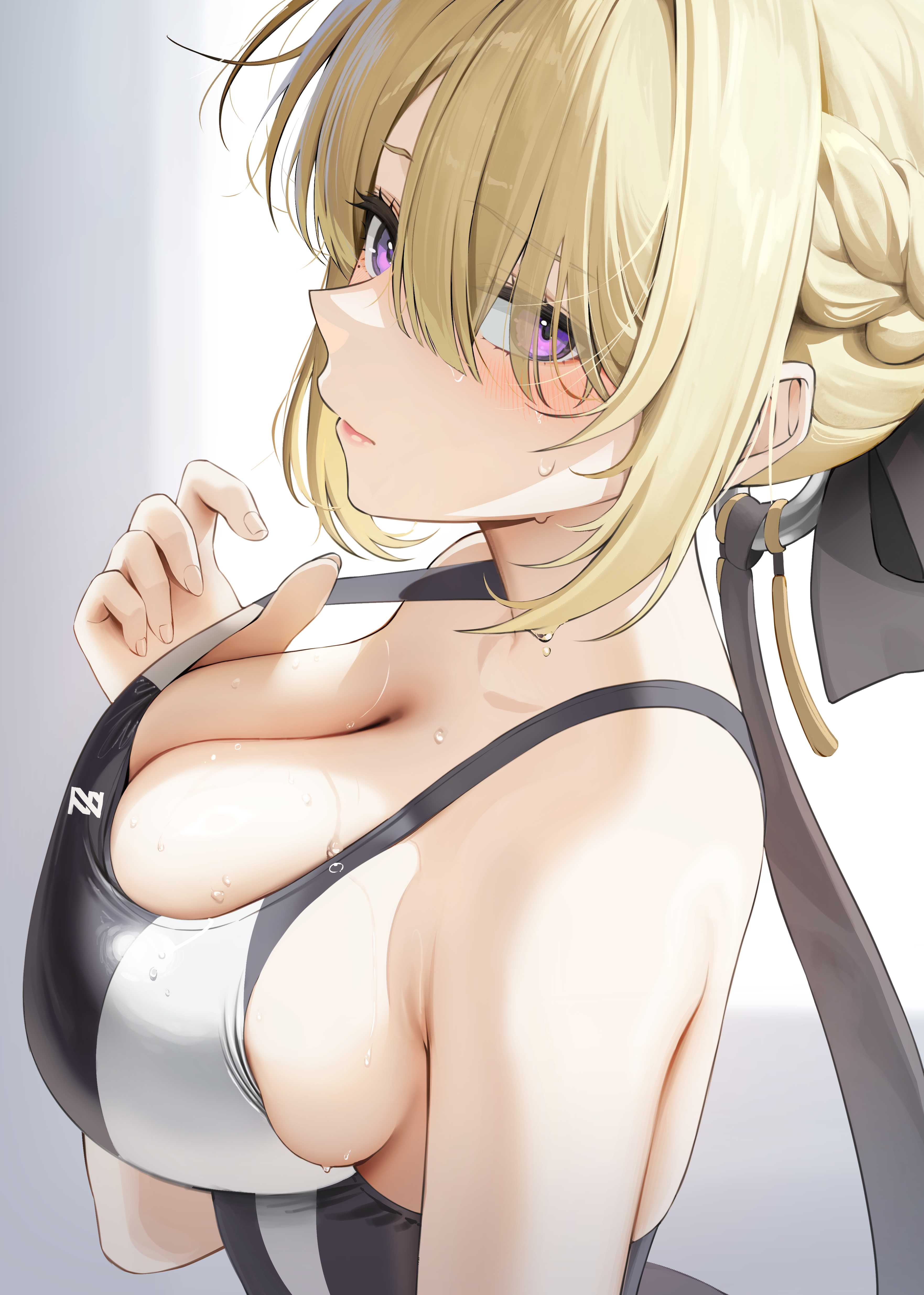 absurdres bare_shoulders blonde_hair blush breasts cleavage closed_mouth commentary_request competition_swimsuit evelyn_chevalier eyes_visible_through_hair female from_side highres kkuni korean_commentary large_breasts looking_at_viewer one-piece_swimsuit purple_eyes solo strap_pull swimsuit undersized_clothes upper_body white_one-piece_swimsuit zenless_zone_zero