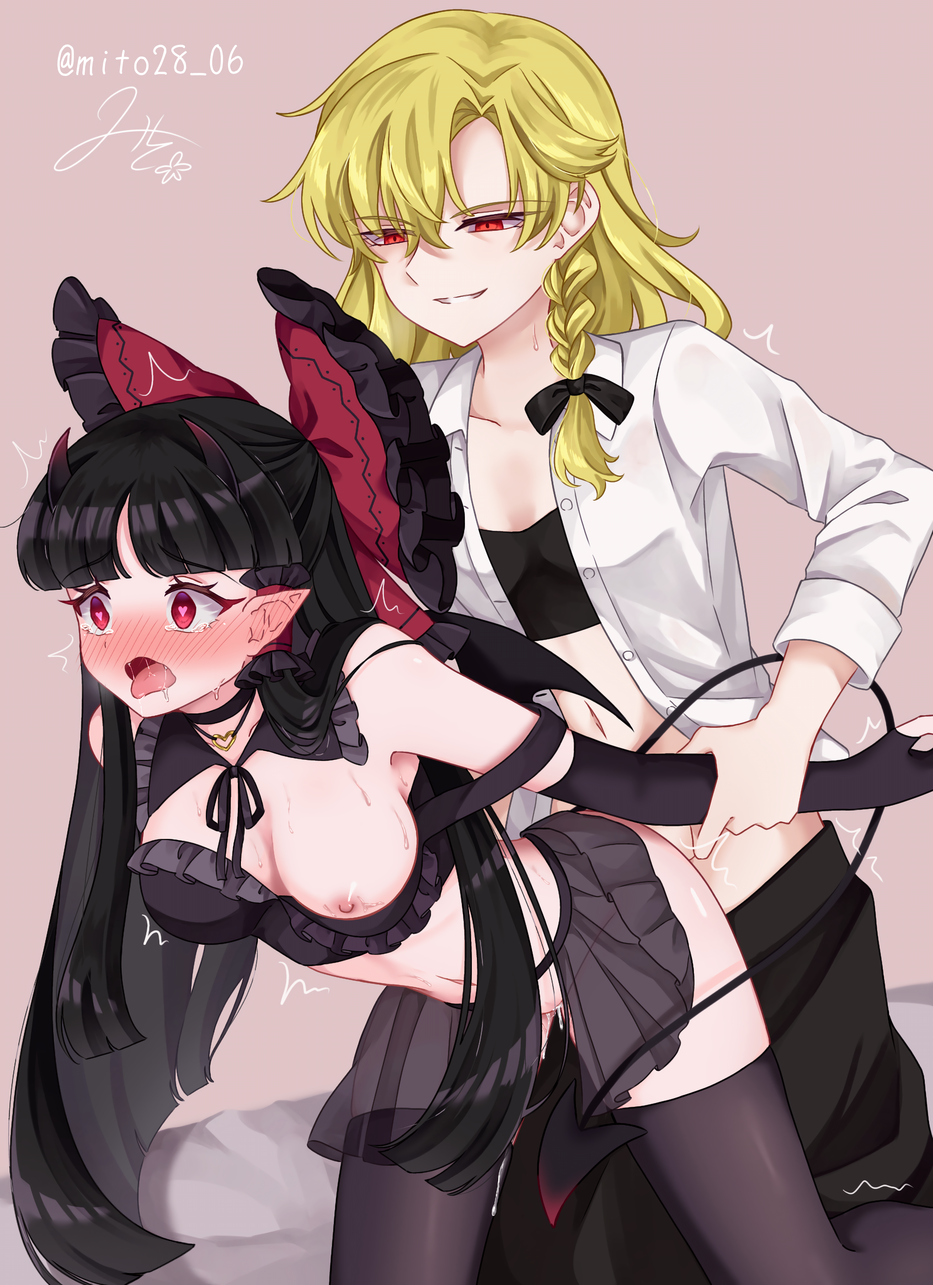2girls absurdres alternate_costume alternate_species black_bow black_bra black_gloves black_hair black_skirt black_thighhighs blonde_hair blush bow bra braid breast_slip breasts commentary_request cum cum_in_pussy cum_overflow demon_girl demon_horns demon_tail demon_wings ear_blush elbow_gloves frilled_bow frilled_hair_tubes frills futanari gloves grin hair_tubes hairbow hakurei_reimu heart heart-shaped_pupils heart_pendant highres holding_another's_wrist horns kirisame_marisa long_hair midriff mito_(fate) multiple_girls navel nipples no_headwear open_clothes open_mouth open_shirt pointy_ears red_bow red_eyes sex sex_from_behind shirt side_braid signature single_braid skirt smile sweat symbol-shaped_pupils tail thighhighs tongue tongue_out touhou twitter_username underwear very_long_hair white_shirt wings