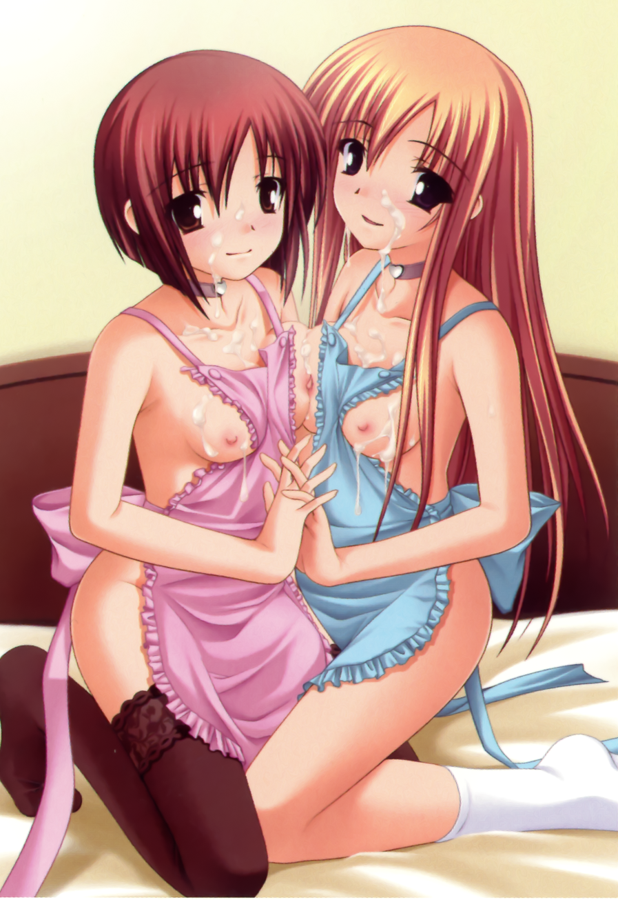 okuma masami, tagme, 2girls, blonde hair, brown hair, cum, female, multiple girls, naked apron, 