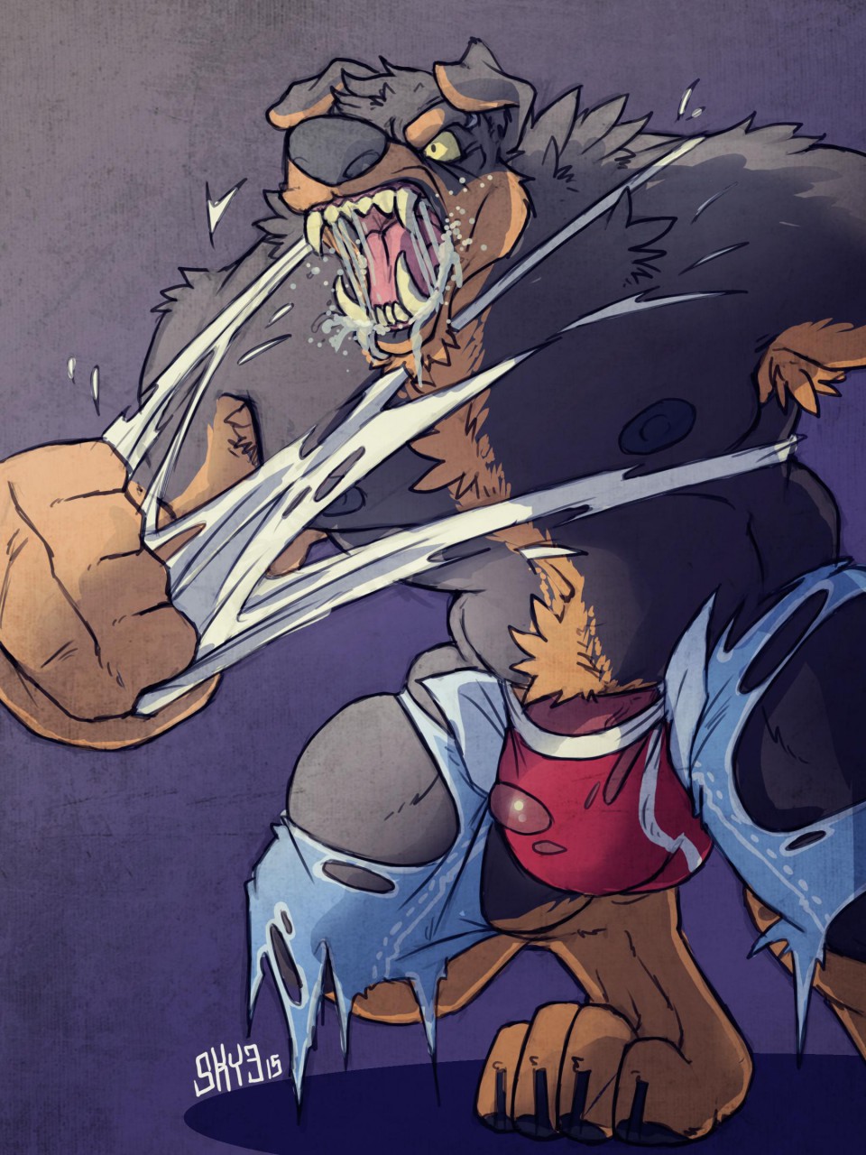 nevarrio, 2015, hi res, simple background, 4 toes, angry, anthro, armpit hair, barefoot, biped, black claws, black fur, black nipples, black nose, brown fur, bulge, canine, claws, clothed, clothing, eyebrow piercing, facial piercing, fangs, floppy ears, front view, fur, gradient background, growth, male, male only, mammal, multicolored fur, nipples, open mouth, piercing, pink tongue, red bottomwear, red clothing, red underwear, roaring, rottweiler, saliva, signature, sky3, snout, solo, standing, teeth, toe claws, toes, tongue, torn clothing, two tone fur, underwear, were, 