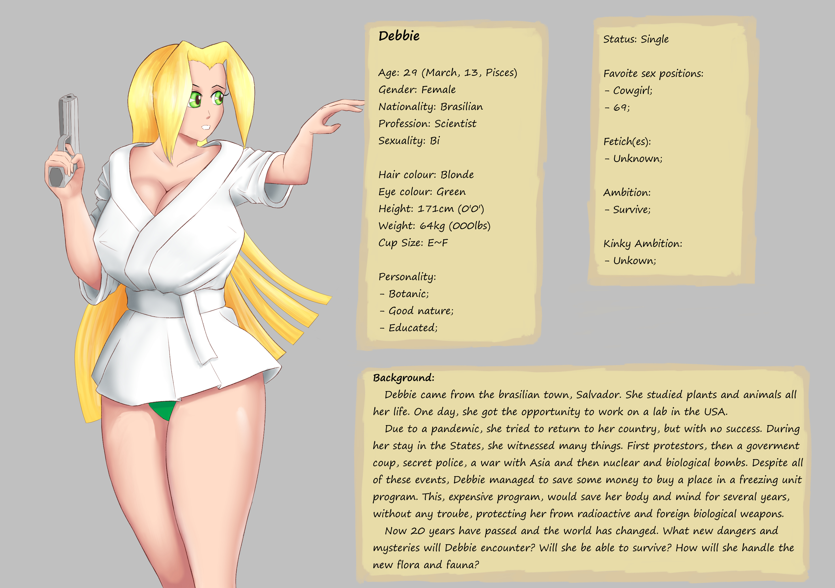 bustadog, original character, original, digital media (artwork), blonde hair, character sheet, clothed, green eyes, gun, 
