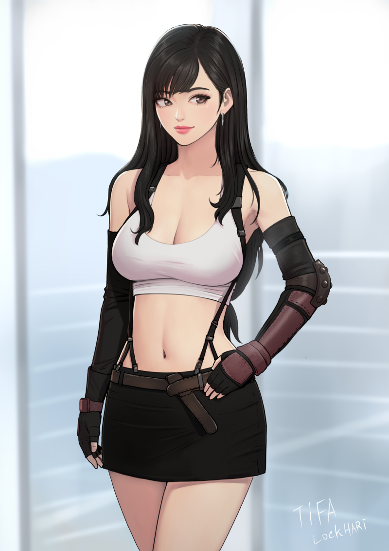 yeagraam, tifa lockhart, final fantasy, final fantasy vii, 1girl, 1girls, belly, black hair, breasts, brown eyes, cleavage, clothed, elbow gloves, fingerless gloves, long hair, midriff, 