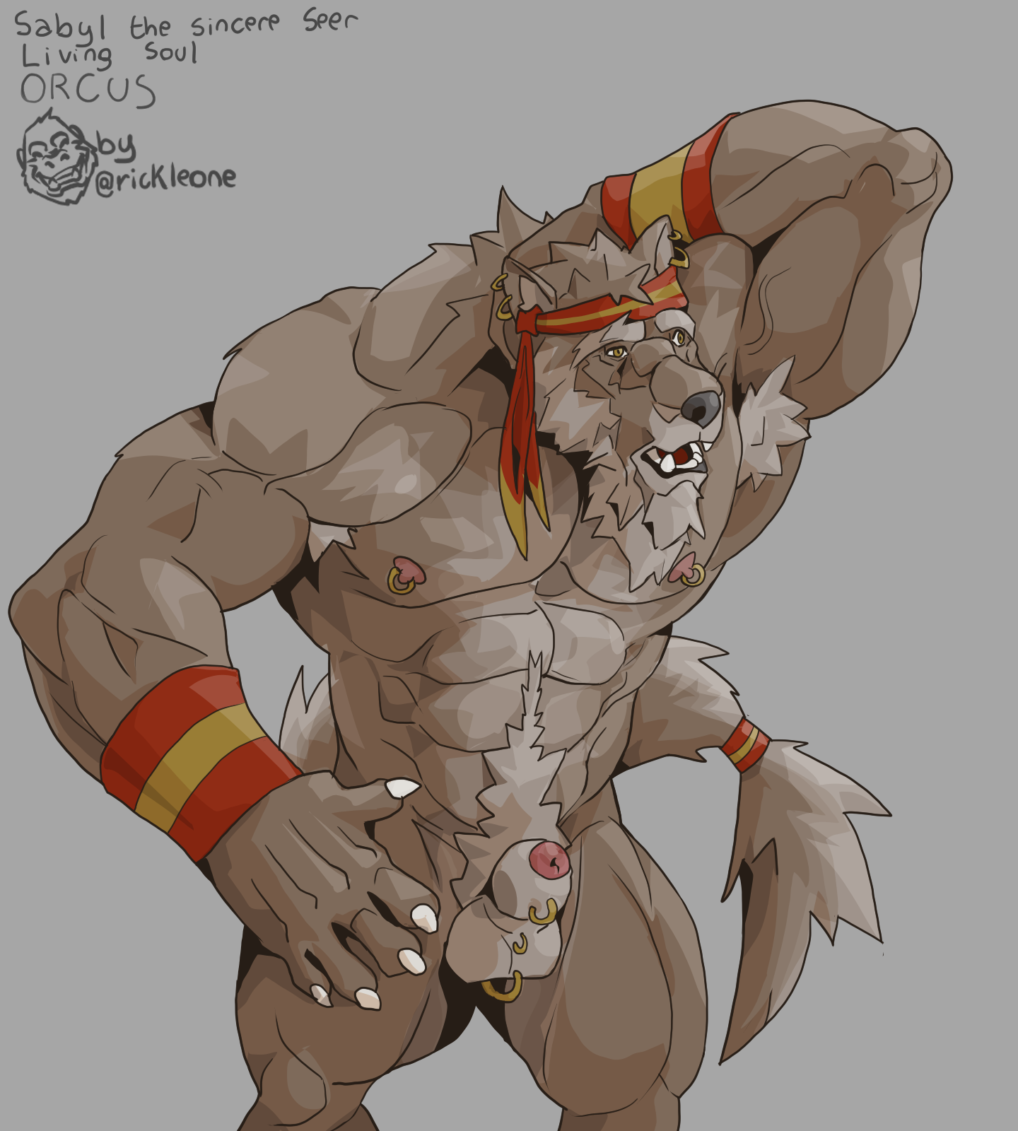 hi res, barazoku, canid, canine, canis, genital piercing, genitals, male, mammal, muscular, nipple piercing, nipples, orcus challenge, penis, penis piercing, piercing, rickleone, wolf, 