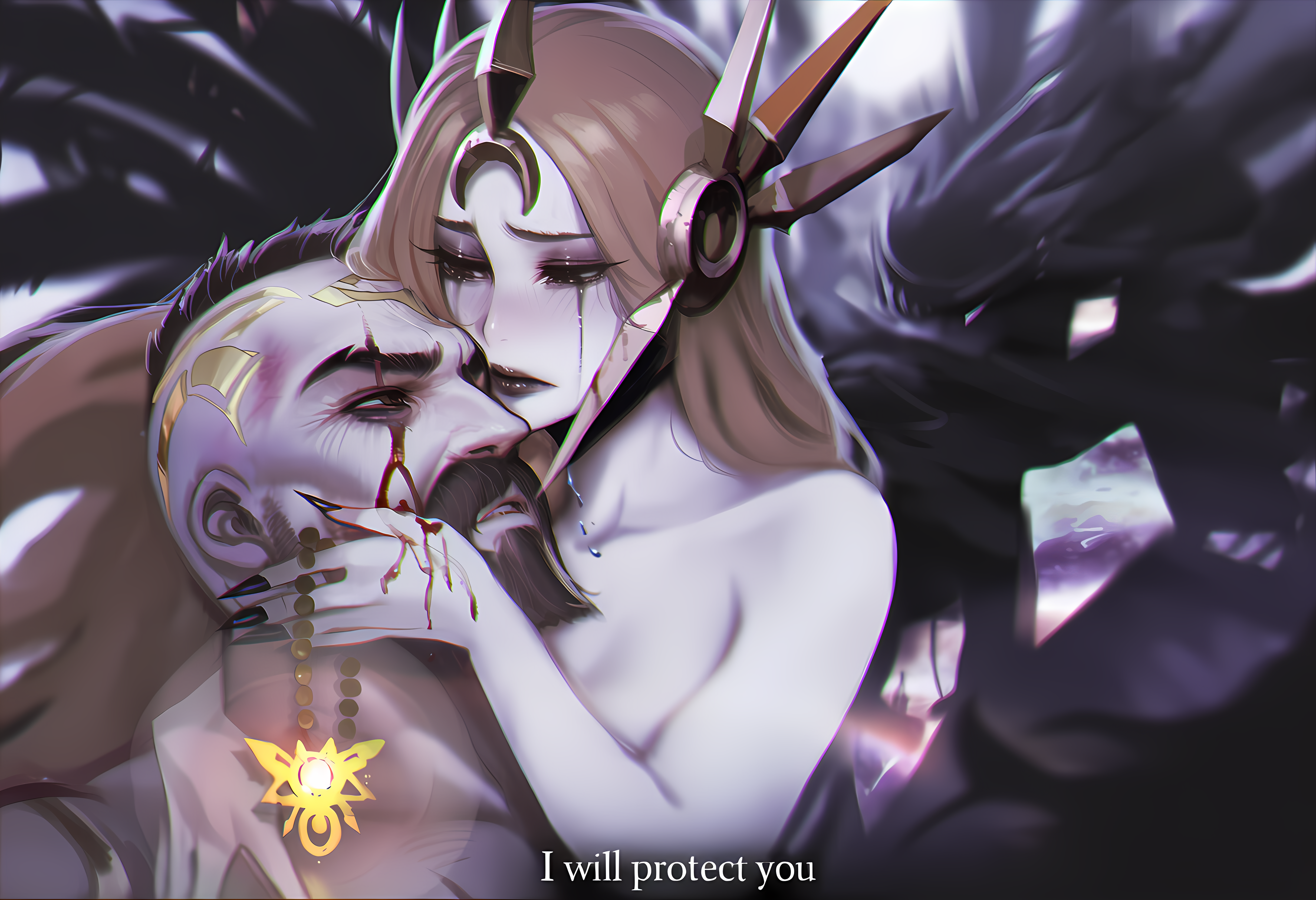 ai_art ai_assisted ai_generated aisei angel angel_light angel_wings artistic_background artistic_nude bald_male beautiful_sadness blood_drip blood_on_face couple couple_(romantic) couple_love crying crying_blood dramatic dramatic_pose forsaken ginger_female glass holding_head hug_from_behind inspired_by_music_album league_of_legends league_of_legends:_wild_rift leona_(league_of_legends) light meaning_of_death pantheon sad shattered tears