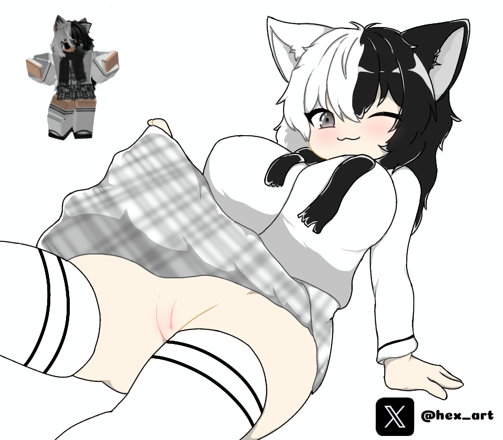 1girls anus art.hex art_hex black_and_white_hair black_eyes blush bottomless cute female looking no_panties partially_clothed presenting presenting_pussy pussy reference_image request roblox roblox_avatar robloxian self_upload shy sit solo_focus spread_legs striped_skirt tagme white_scarf white_shirt