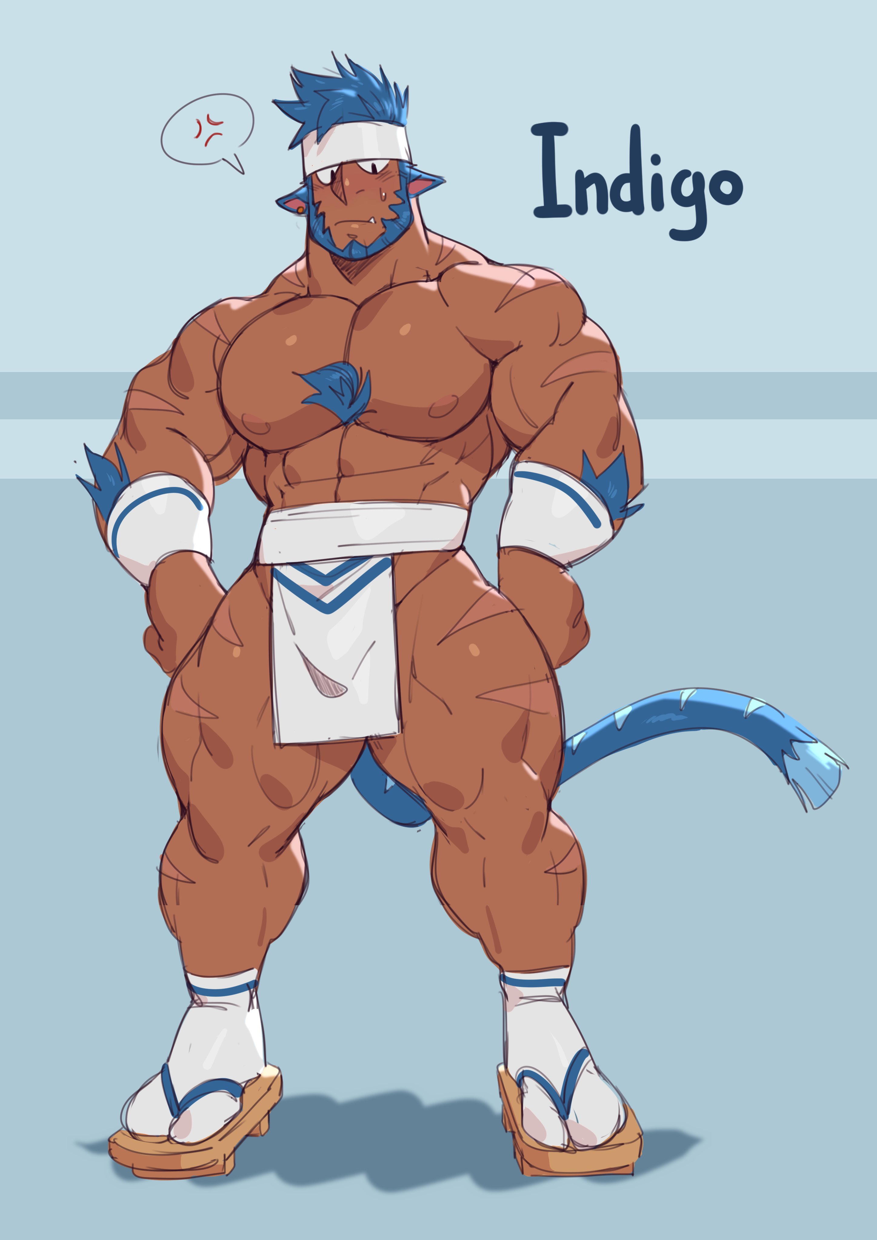 chesschirebacon, original character, animal ears, bara, beard, facial hair, indigo (chesschirebacon), loincloth, male, male only, muscles, muscular, scars, solo, solo male, tail, 