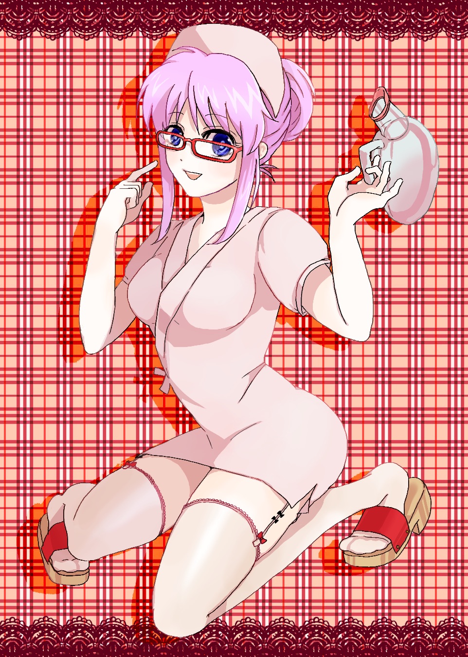 sarutobi ayame, gintama, bedpan, blue eyes, crouching, female, female only, full body, garter straps, glasses, hair bun, lace-trimmed thighhighs, light purple hair, looking at viewer, mole under eye, nurse, nurse cap, nurse uniform, official alternate costume, pale-skinned female, pale skin, purple hair, red-framed glasses, sandals, smile, solo, stockings, thighhighs, white legwear, white thighhighs, zettai ryouiki, 