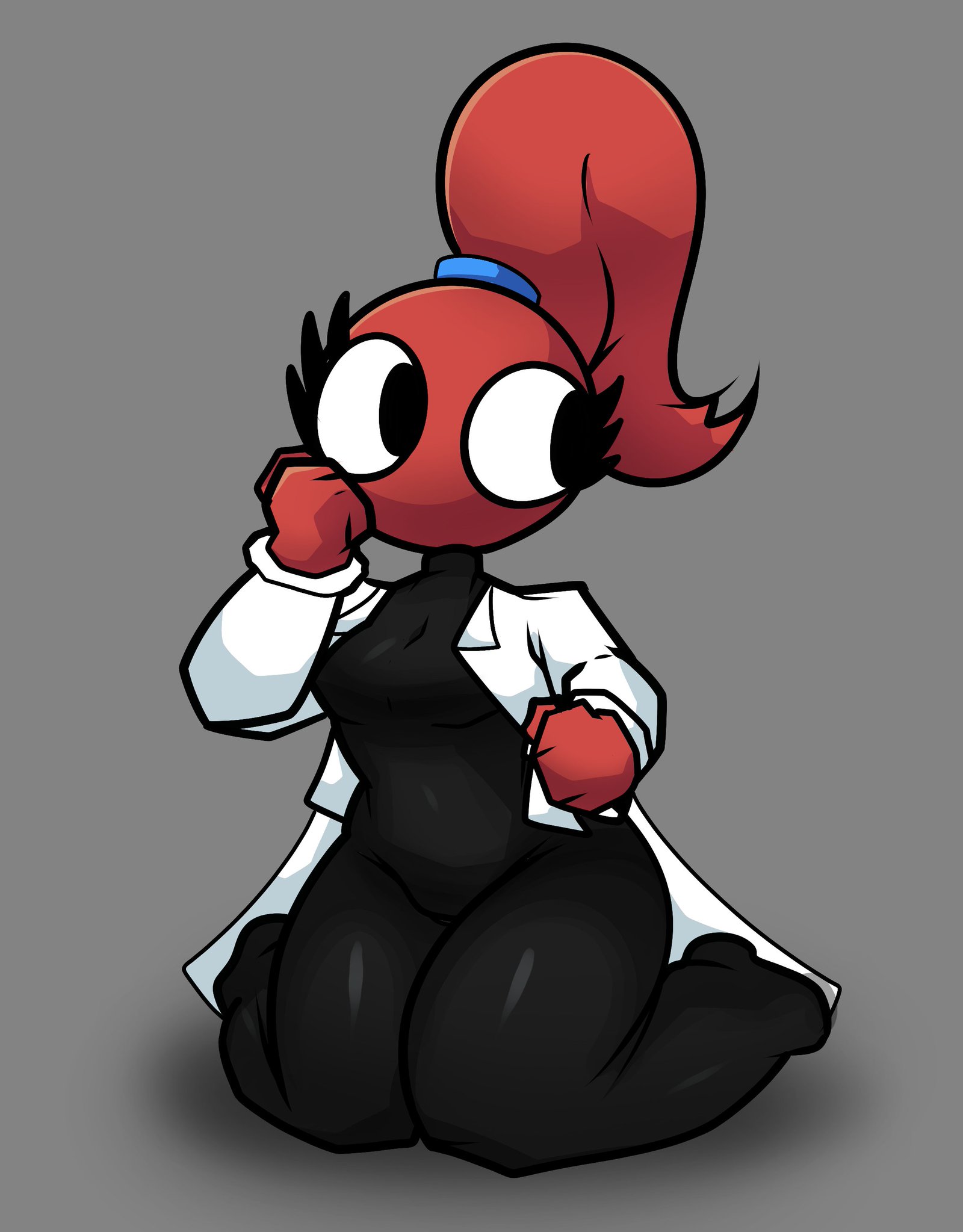 roblox, rule 63, big eyes, big thighs, cartoony, labcoat, looking away, on knees, ponytail, rainbow friends, red (rainbow friends), red body, red hair, red skin, scientist, sketchylimesliv, skin tight suit, suit, thick thighs, 