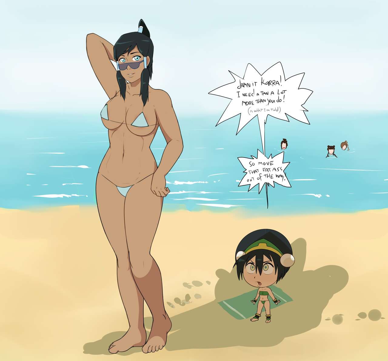 mity, azula, korra, mai (avatar), toph bei fong, ty lee, english text, pose, 5girls, arm behind head, armpits, beach, bikini, black hair, blue bikini, blue eyes, brown hair, chibi, cleavage, feet, female, female only, green bikini, green hair, hand on hip, legs, looking at viewer, multiple girls, navel, ocean, parted lips, ponytail, posing, sensual, sexy, smile, sunglasses, thighs, water, 