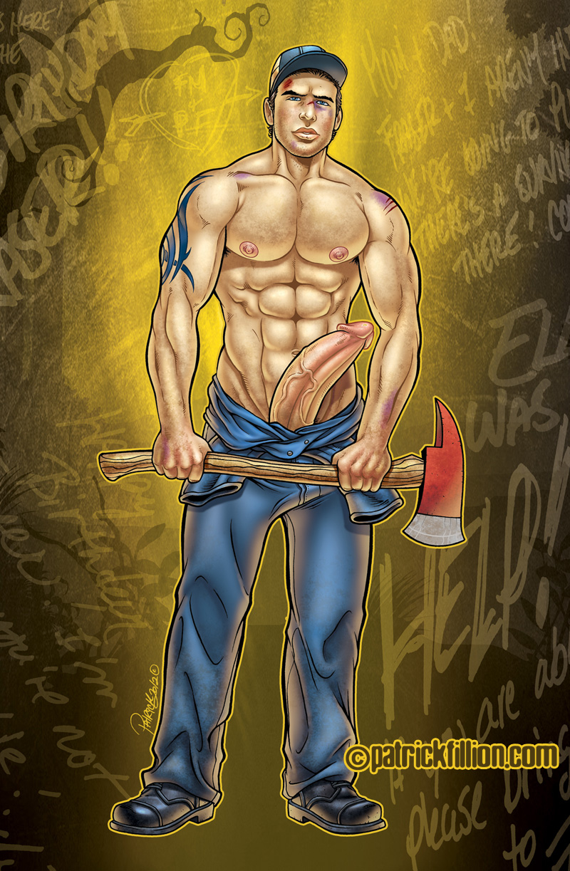 patrick fillion, ellis, left 4 dead, left 4 dead 2, axe, cap, huge cock, human, male, male only, muscle, penis, shirtless, solo, tattoo, 