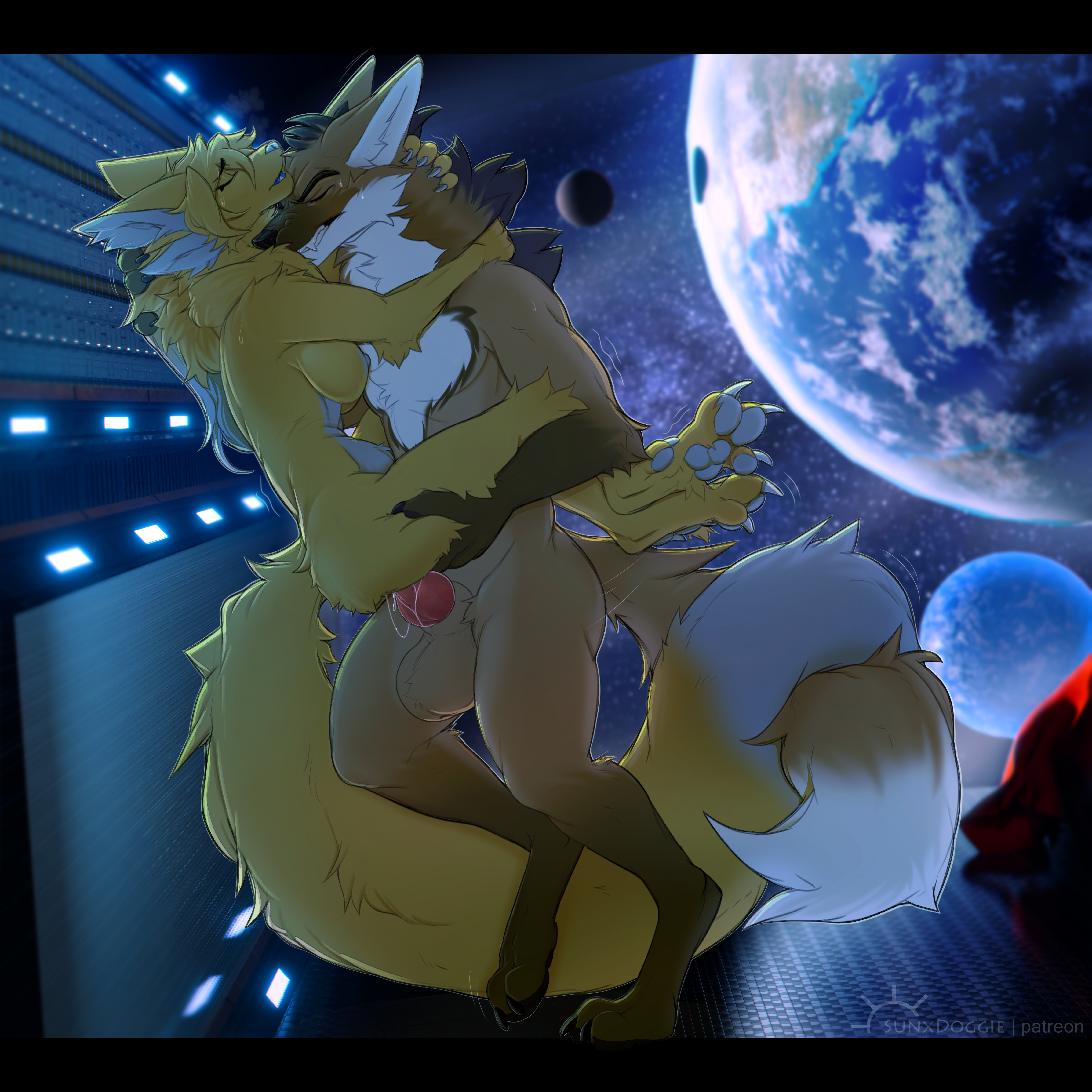 shade okami, absurd res, hi res, against surface, against wall, animal genitalia, balls, breasts, canid, canine, claws, durandal, entwined tails, female, genitals, knot, male, male/female, mammal, maned wolf, manteia, paws, sex, shadekin, sheath, space, space station, tail, tail coil, vaginal penetration, 