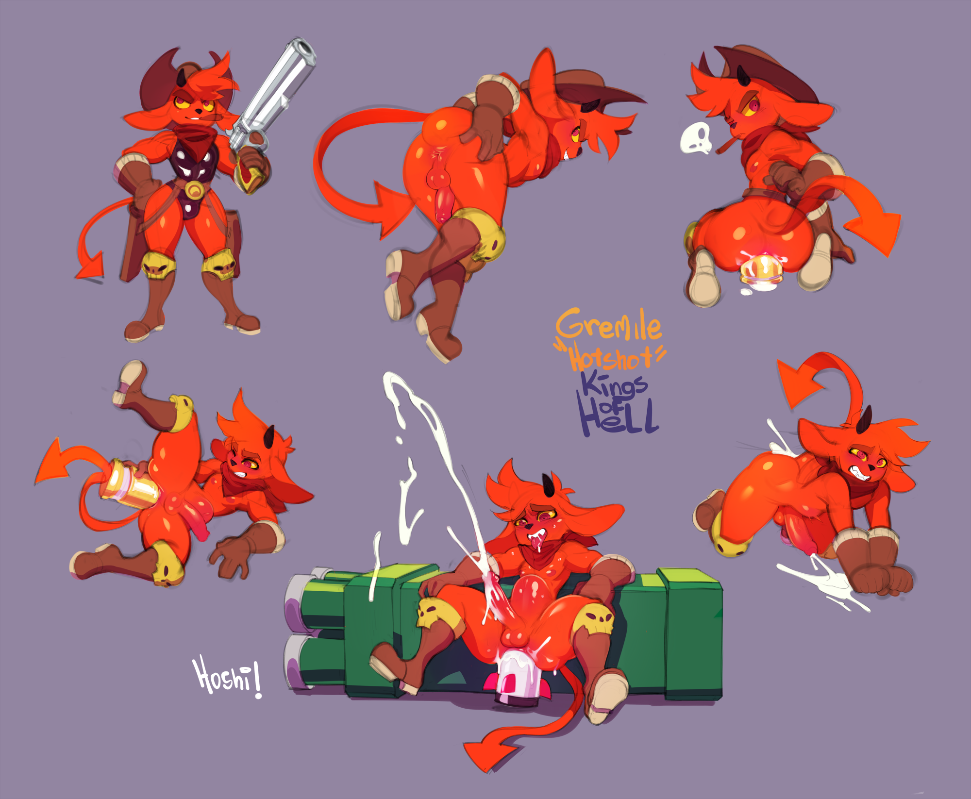 nedoiko, english text, hi res, pose, text, 2 horns, anal, anal masturbation, anthro, anus, artist name, ass, black horn, boots, bullet insertion, canid, canid demon, clothing, demon, ejaculation, footwear, fur, genitals, gun, handgun, hat, headgear, headwear, horn, humanoid genitalia, humanoid penis, imp, kings of hell, leotard, looking pleasured, male, mammal, masturbation, multiple poses, nude, penis, ranged weapon, red body, red fur, revolver, rocket launcher, signature, solo, spade tail, weapon, 