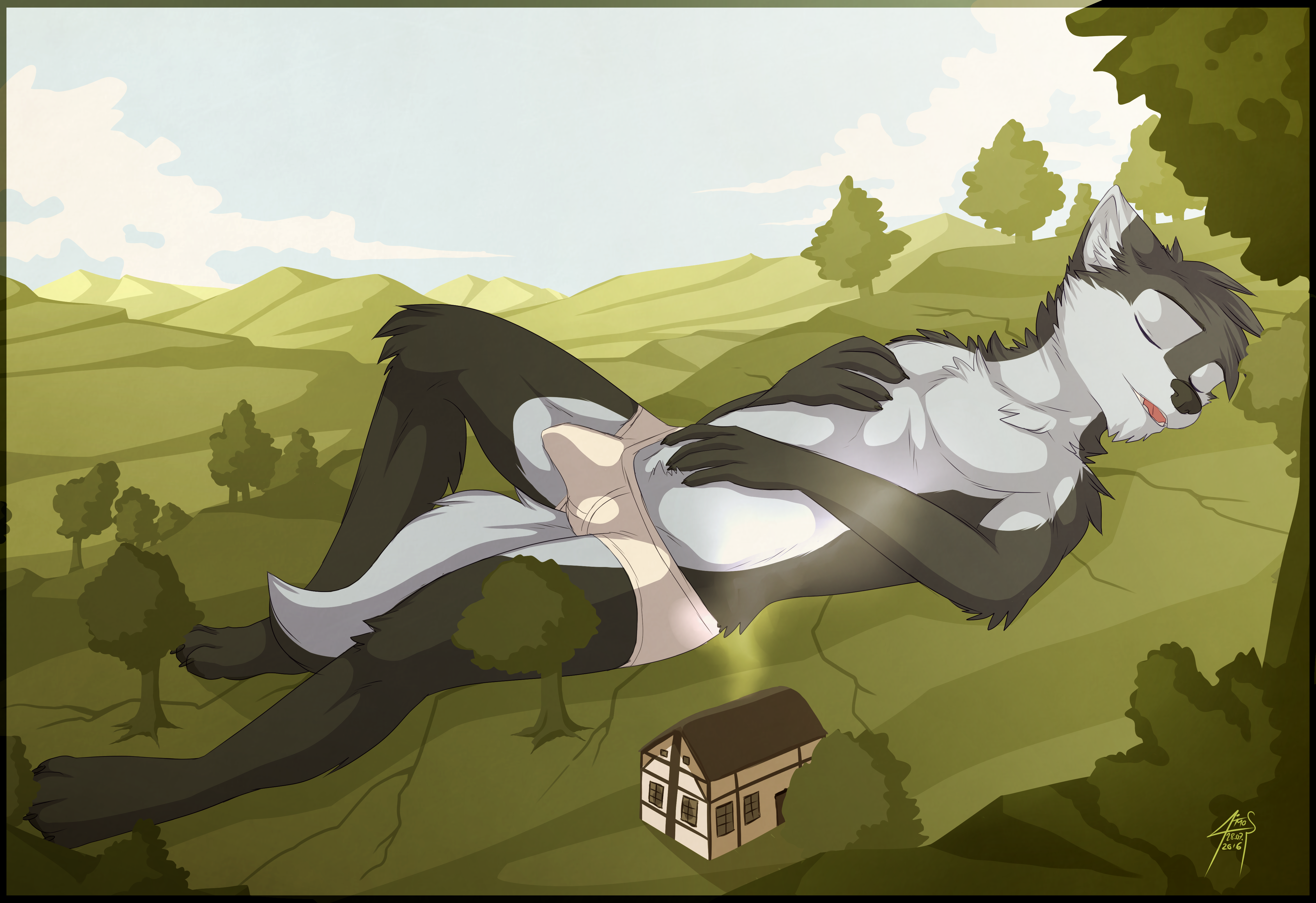 2016 absurd_res anthro banryu building canid canine canis clothing colored erection gothwolf hi_res house landscape macro male mammal mountain mountain_range plant sky sleeping smoke solo tree underwear wolf