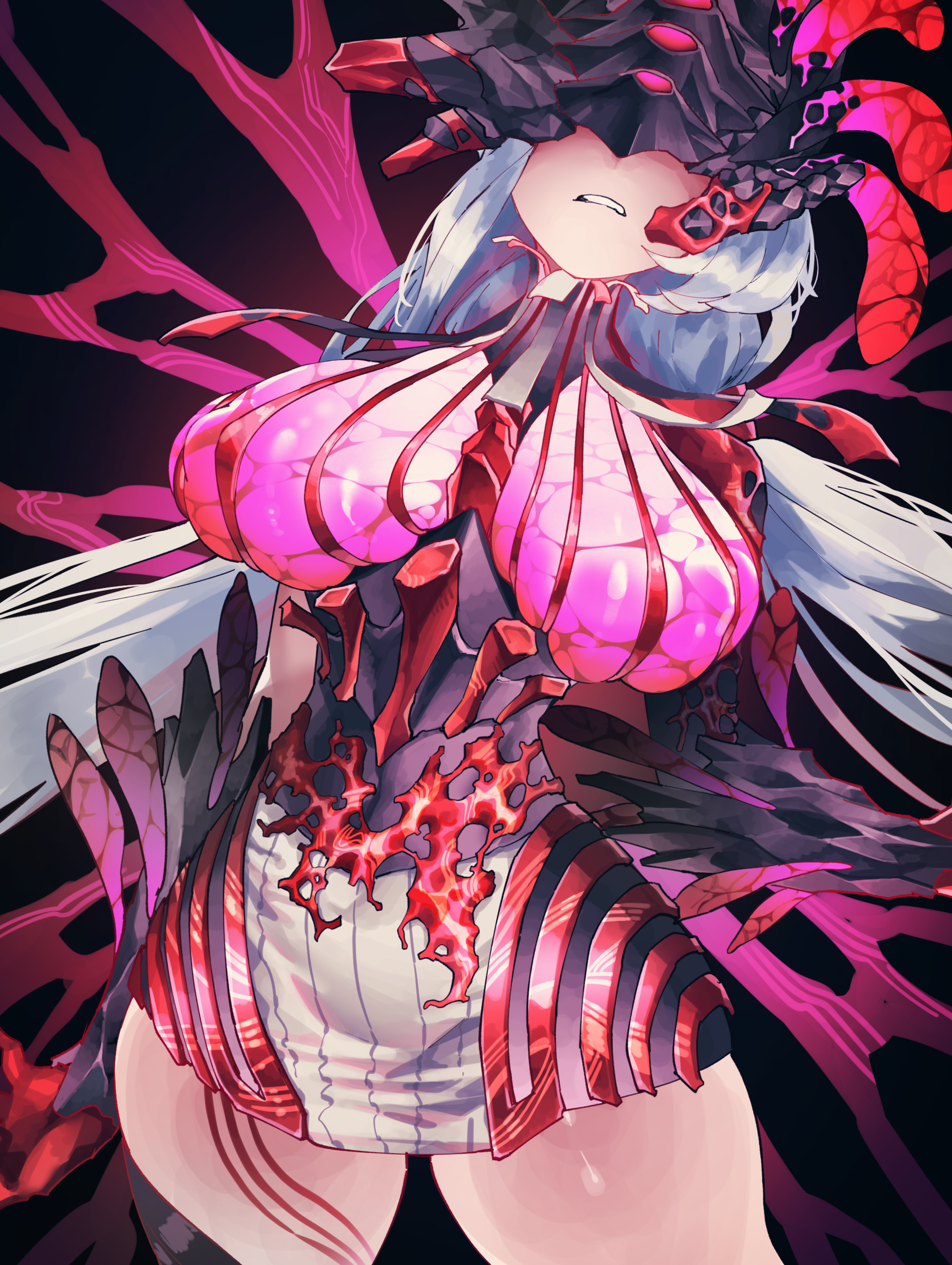 big_breasts big_thighs blush breast_squish breasts clenched_teeth corruption curvy enemy_conversion erect_nipples ether_corruption exposed_thighs eyes_covered female female_only head_ornament helmet hourglass_figure hoyoverse isolde_(zenless_zone_zero) long_hair mask miasma nipples_visible_through_clothing tail the_defiler_(zenless_zone_zero) the_exaltists_(zenless_zone_zero) thighs transformation vivo_(vivo_sun_0222) voluptuous voluptuous_female white_hair wide_hips zenless_zone_zero
