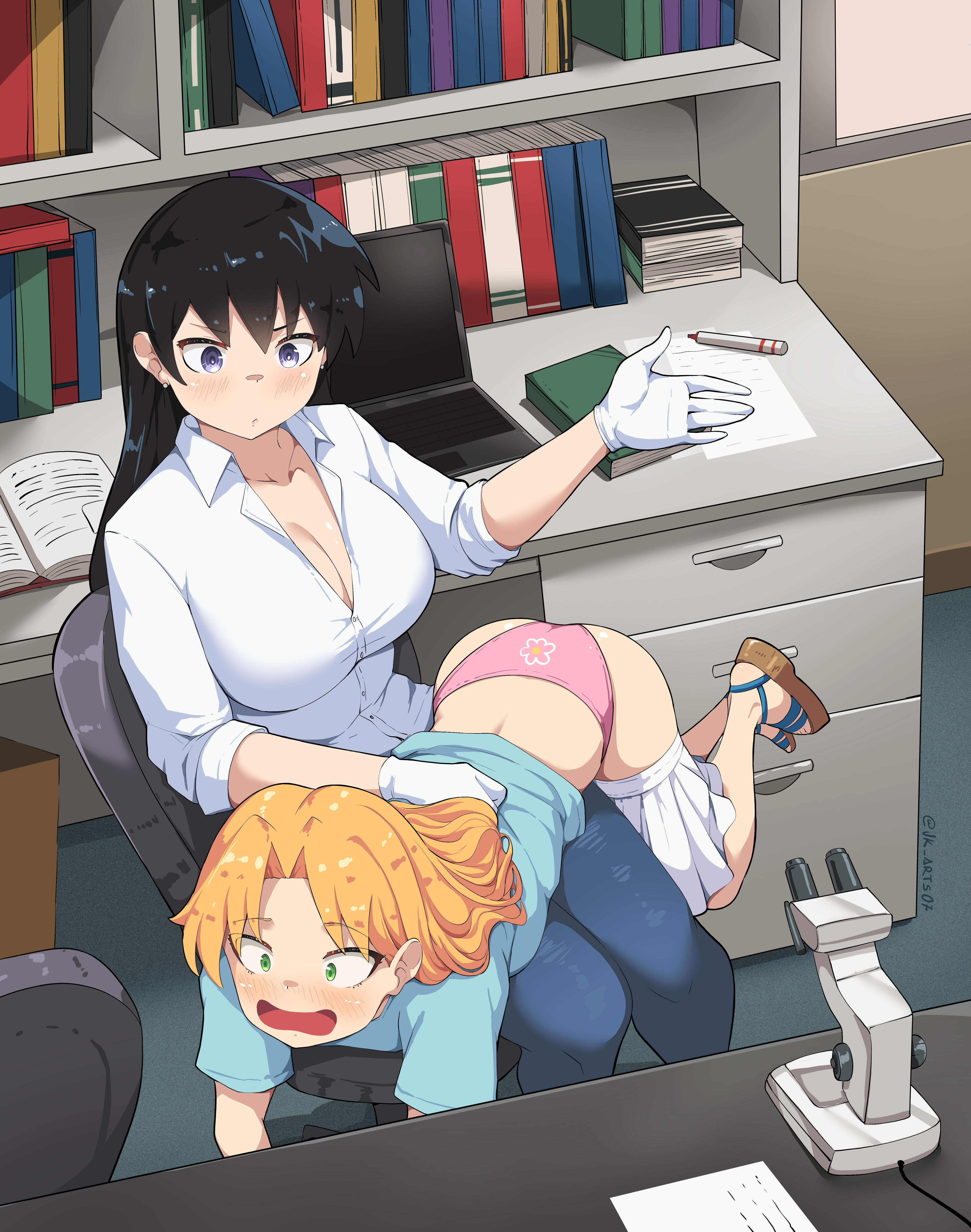 2girls absurdres age_difference arato_nagi ass black_hair blonde_hair blue_shirt blush book bookshelf breasts chair cleavage clothes_pull collarbone collared_shirt commission commissioner_upload computer denim desk earrings embarrassed femdom floral_print gloves green_eyes hand_up highres humiliation imminent_spanking indoors jeans jewelry jk_arts laptop large_breasts long_hair marker median_furrow medium_hair microscope multiple_girls non-web_source office_chair open_book open_mouth over_the_knee panties pants pen petite pink_panties pleated_skirt punishment purple_eyes ruri_no_houseki sandals shirt short_sleeves signature sitting skirt skirt_pull sleeves_rolled_up surprised swivel_chair table tanigawa_ruri underwear variant_set white_gloves white_shirt white_skirt yuri