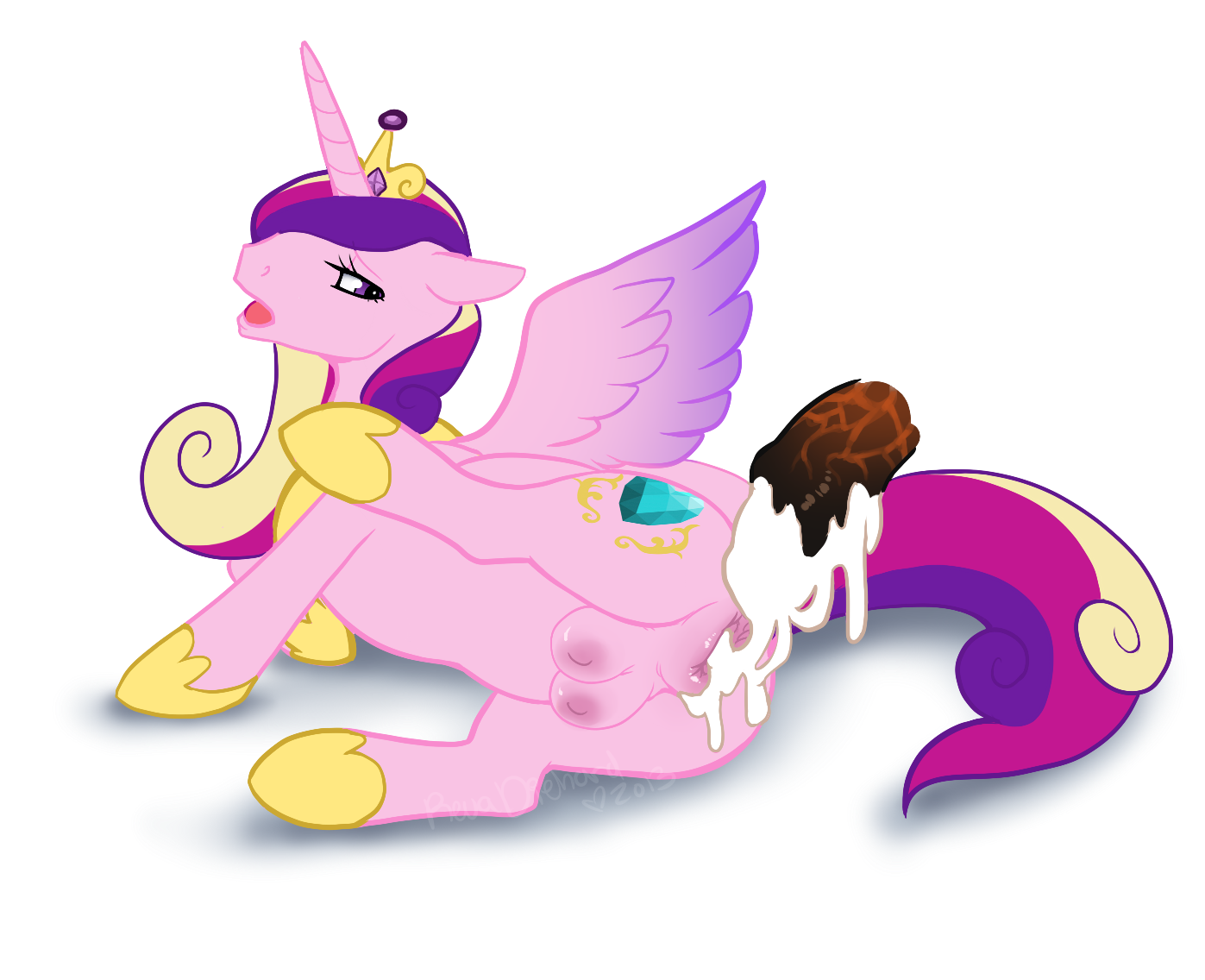 revadiehard, princess cadance (mlp), friendship is magic, my little pony, 2013, alicorn, ass, breasts, crotchboob, crotchboobs, crown, cum, cum in pussy, cum inside, cum string, cutie mark, disembodied penis, equine, erection, feathers, female, hair, hooves, horn, horsecock, looking back, lying, male, messy, multi-colored hair, open mouth, penis, pink feathers, pink hair, pink skin, princess, purple eyes, purple hair, pussy, royalty, teats, unicorn, white hair, wings, 