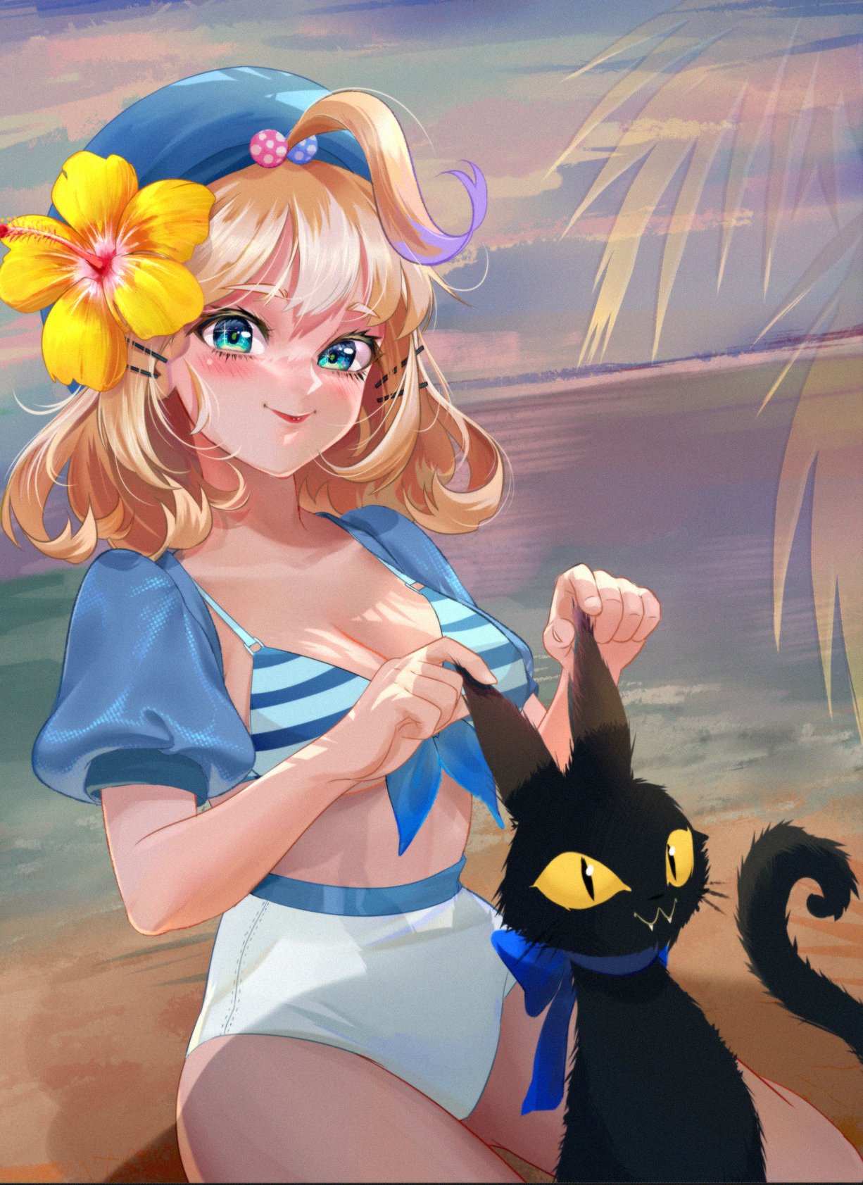 nijisanji, virtual youtuber, 1girls, ahoge, beach, big breasts, big flower, bikini, bikini top, blonde hair, blue eyes, blush, bra, casual, cleavage, feline, flower, flower in hair, hair accessory, hairclip, hat, inkedpanda, looking at viewer, millie parfait, nijisanji en, round hat, short shorts, summer dress, 