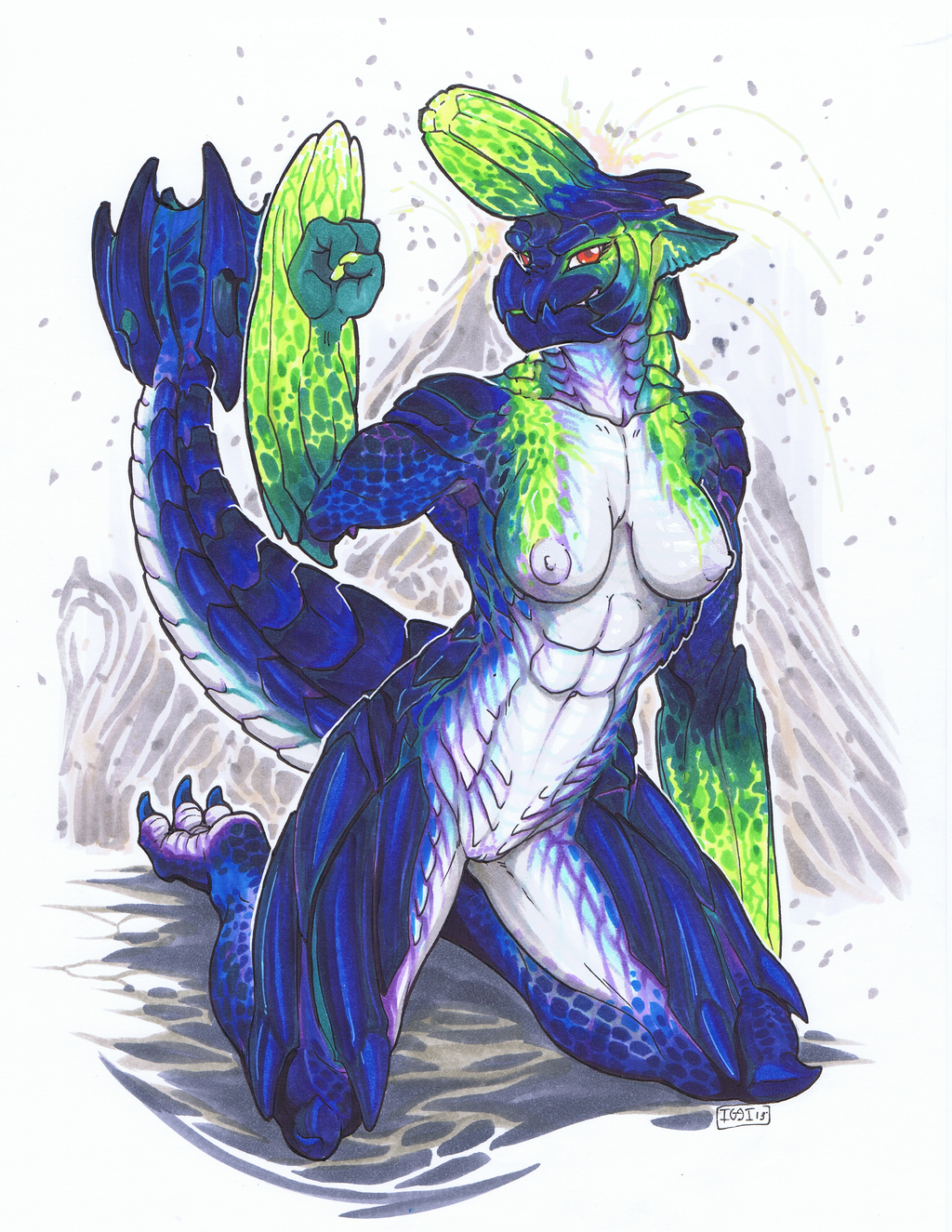 iggi, ash, brachydios, monster hunter, 2013, abs, abstract background, anthro, blue claws, blue scales, breasts, brute wyvern, cracks, female, fist, glowing, green nails, green scales, horn, kneeling, looking at viewer, muscles, muscular female, nipples, nude, pussy, raised arm, red eyes, solo, spiked tail, spikes, video games, volcano, white nipples, white scales, wyvern, yellow scales, 