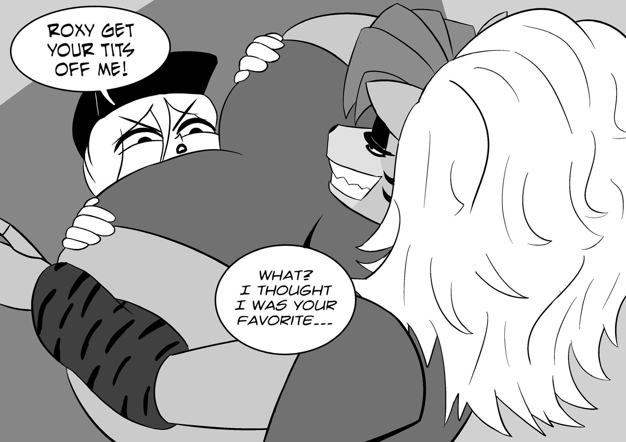 roxanne wolf (fnaf), text, text bubble, 2girls, big breasts, breasts, breasts on face, edboy90, female pervert, furry, huge breasts, interspecies, large breasts, size difference, talking to another, top heavy, vanessa (fnaf), wolf girl, yuri, 