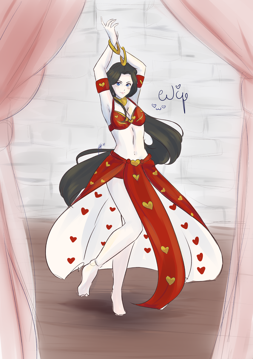 original character, original, 1girls, armlet, arms up, back skirt, belly dancer, belly dancer outfit, black hair, cleavage, dancer, dancer outfit, dancing, harem girl, harem outfit, large breasts, loincloth, long hair, looking at viewer, sabrisugar-chan, white skin, wrist rings, 