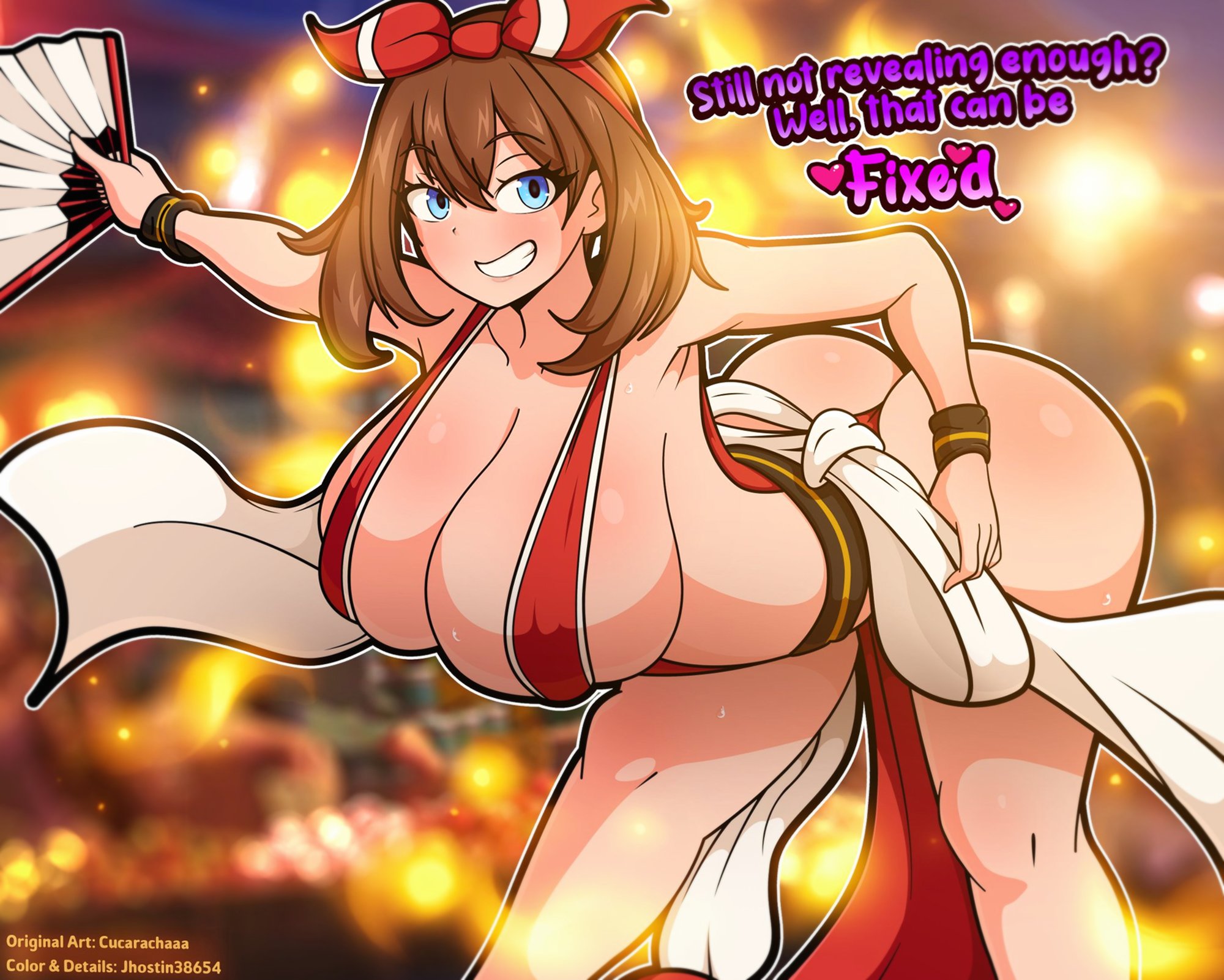 cucarachaaa, mai shiranui (cosplay), may (pokemon), game freak, king of fighters, nintendo, pokemon oras, pokemon rse, snk, english text, text, 1girls, armpits, ass, bending over, blue eyes, breasts, brown hair, bubble butt, cosplay, dat ass, dialogue, fan, female, female only, holding object, huge ass, huge breasts, jhostin38654, light skin, long hair, naughty face, pokemon, ribbon, ribbon in hair, smile, solo, thick thighs, 