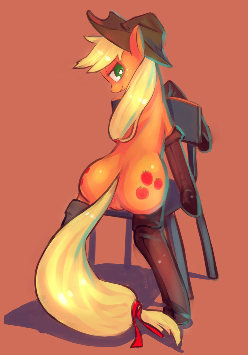 tc (pixiv), applejack (mlp), friendship is magic, my little pony, 2014, ass, blonde hair, boots, chair, clothing, cowboy hat, cutie mark, equine, female, feral, freckles, fur, green eyes, hair, hat, heart-shaped pupils, horse, looking at viewer, mammal, orange fur, plain background, pony, presenting, pussy, ribbons, smile, solo, 