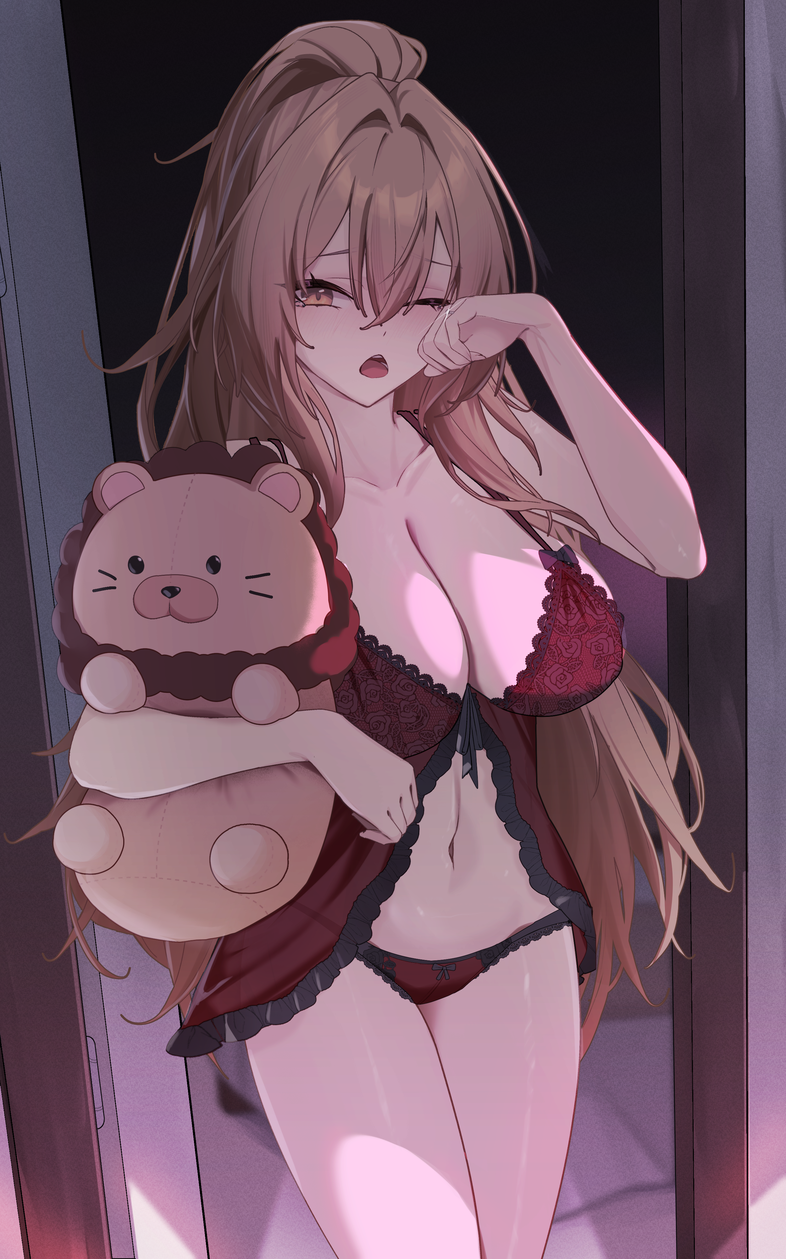 azur_lane babydoll bare_shoulders breasts brown_eyes brown_hair cg cleavage collarbone doorway female hair_between_eyes holding large_breasts lingerie lion_(azur_lane) long_hair looking_at_viewer navel nightgown one_eye_closed open_mouth panties ponytail red_panties rubbing_eyes solo standing stuffed_animal stuffed_toy thighs underwear very_long_hair
