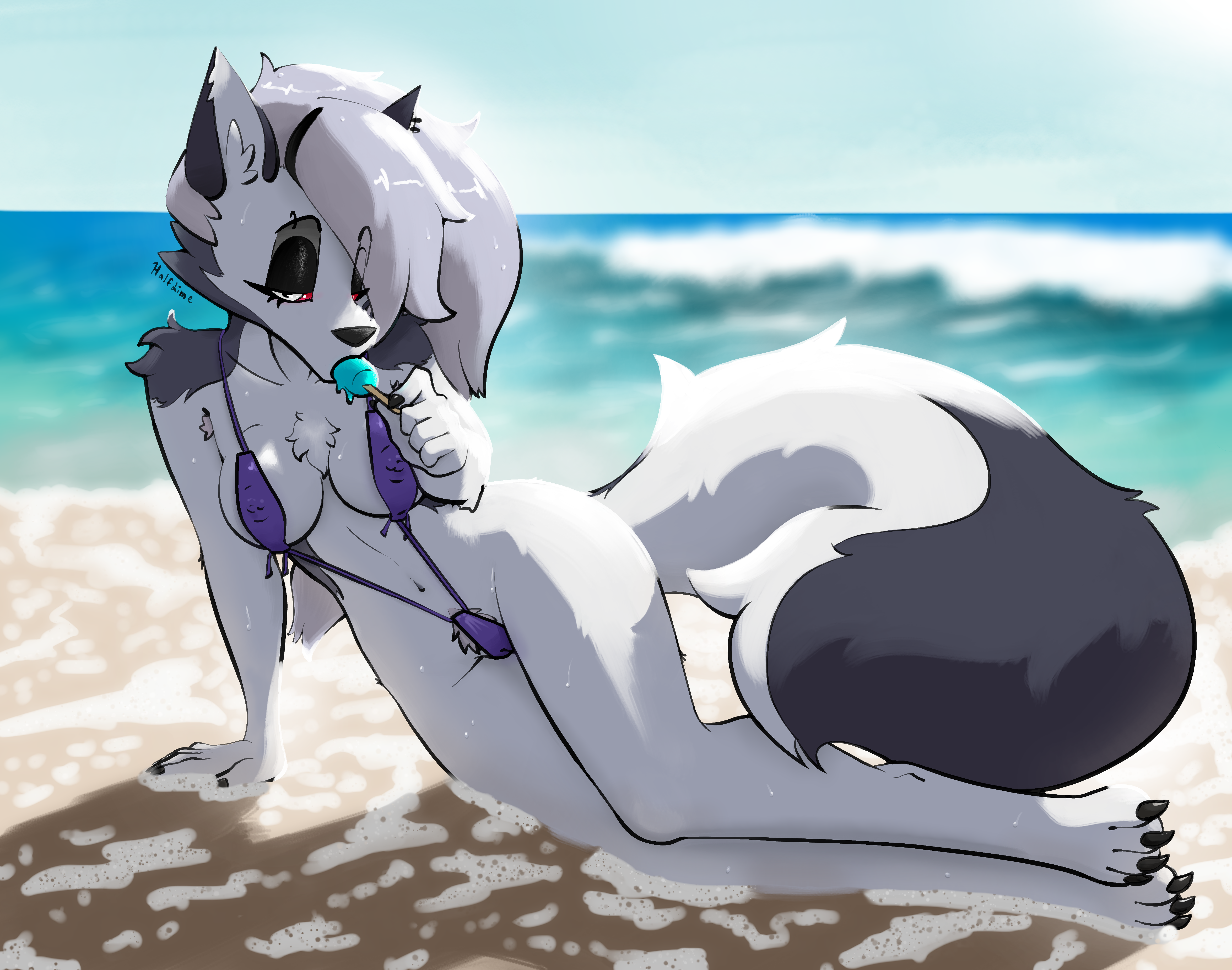 absurd_res anthro arm_tuft armpit_hair barbell_piercing beach black_nails black_nose body_hair breasts camel_toe canid canid_demon canine canis cheek_tuft chest_tuft claws clothing colored_nails demon domestic_dog eating eyebrow_piercing eyebrows eyelashes facial_piercing facial_tuft feet female food fur genital_outline grey_body grey_fur grey_hair hair half_dime hellaverse hellhound helluva_boss hi_res hindpaw humanoid_hands husky hybrid inner_ear_fluff looking_at_viewer loona_(helluva_boss) lying mammal mythological_canine mythological_creature mythology nails narrowed_eyes navel nipple_barbell nipple_outline nipple_piercing nipples nordic_sled_dog notched_ear on_ground on_side one-piece_swimsuit paws piercing pinup pointy_ears popsicle popsicle_in_mouth pose pube_peek pubes red_eyes sea shoulder_tuft sling_bikini solo spitz swimwear tail thick_thighs toe_claws tuft vulva_outline water wet wet_body white_body white_fur wide_hips wolf
