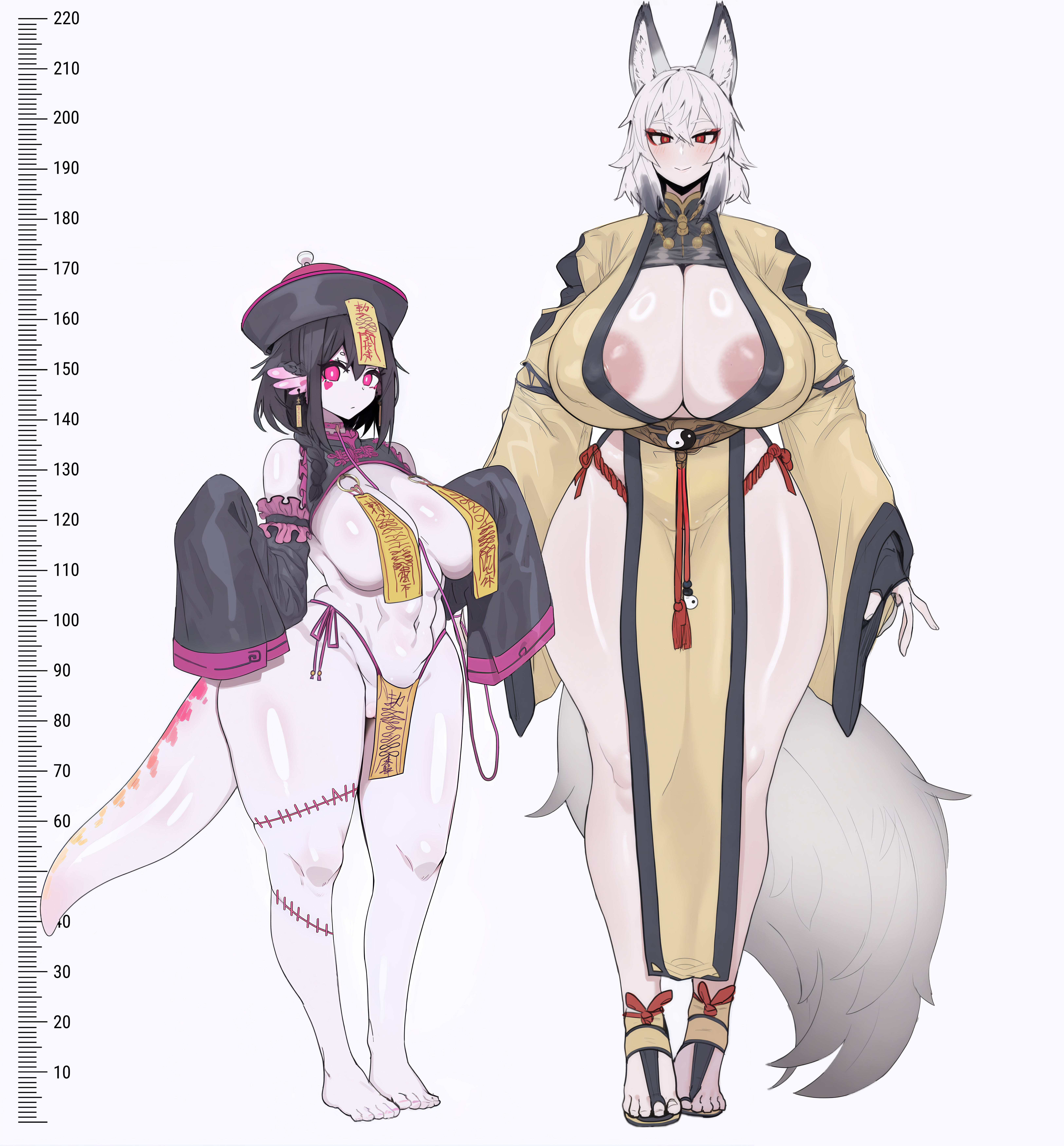 2girls ai_generated breasts female flappytsk fox_ears hand_print handprint heart huge_breasts jiangshi jiangshi_costume