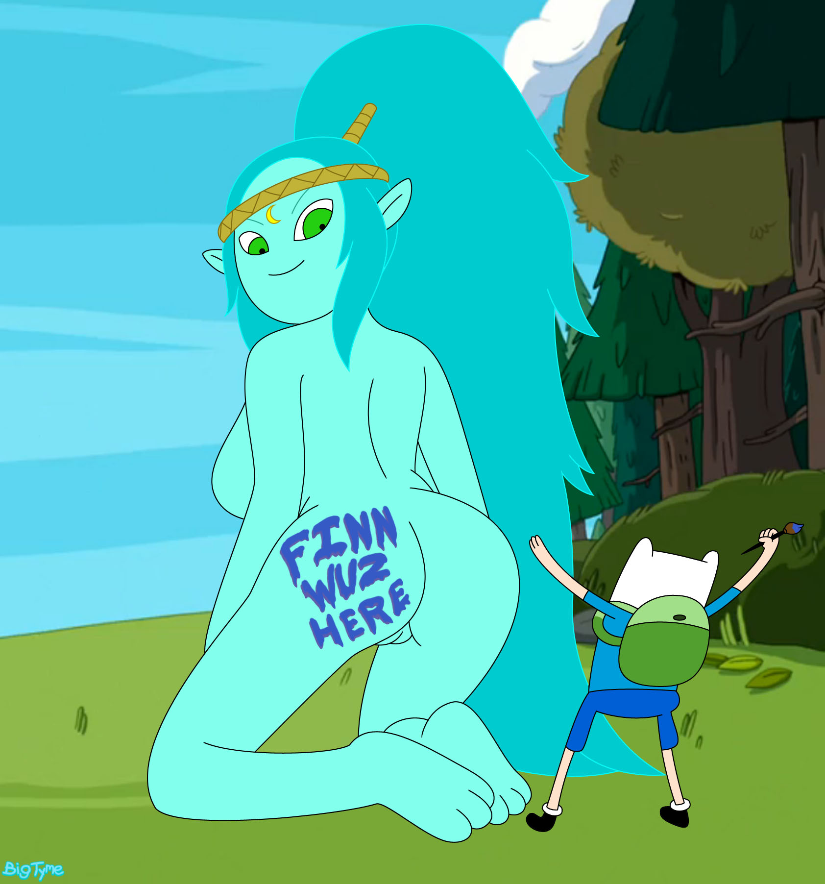 bigtyme, canyon (adventure time), finn the human, adventure time, tagme, blue hair, blue skin, green eyes, 