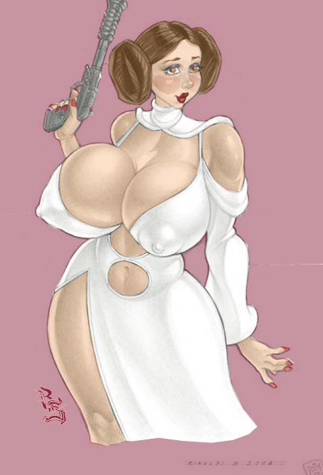 rinaldi, rsterling, princess leia organa, a new hope, star wars, 1girls, big breasts, bimbo, blaster, breasts, brunette, busty, cleavage, defender sporting blaster pistol, eyeshadow, hair buns, hourglass figure, lipstick, milf, nail polish, nipple bulge, voluptuous, white dress, 