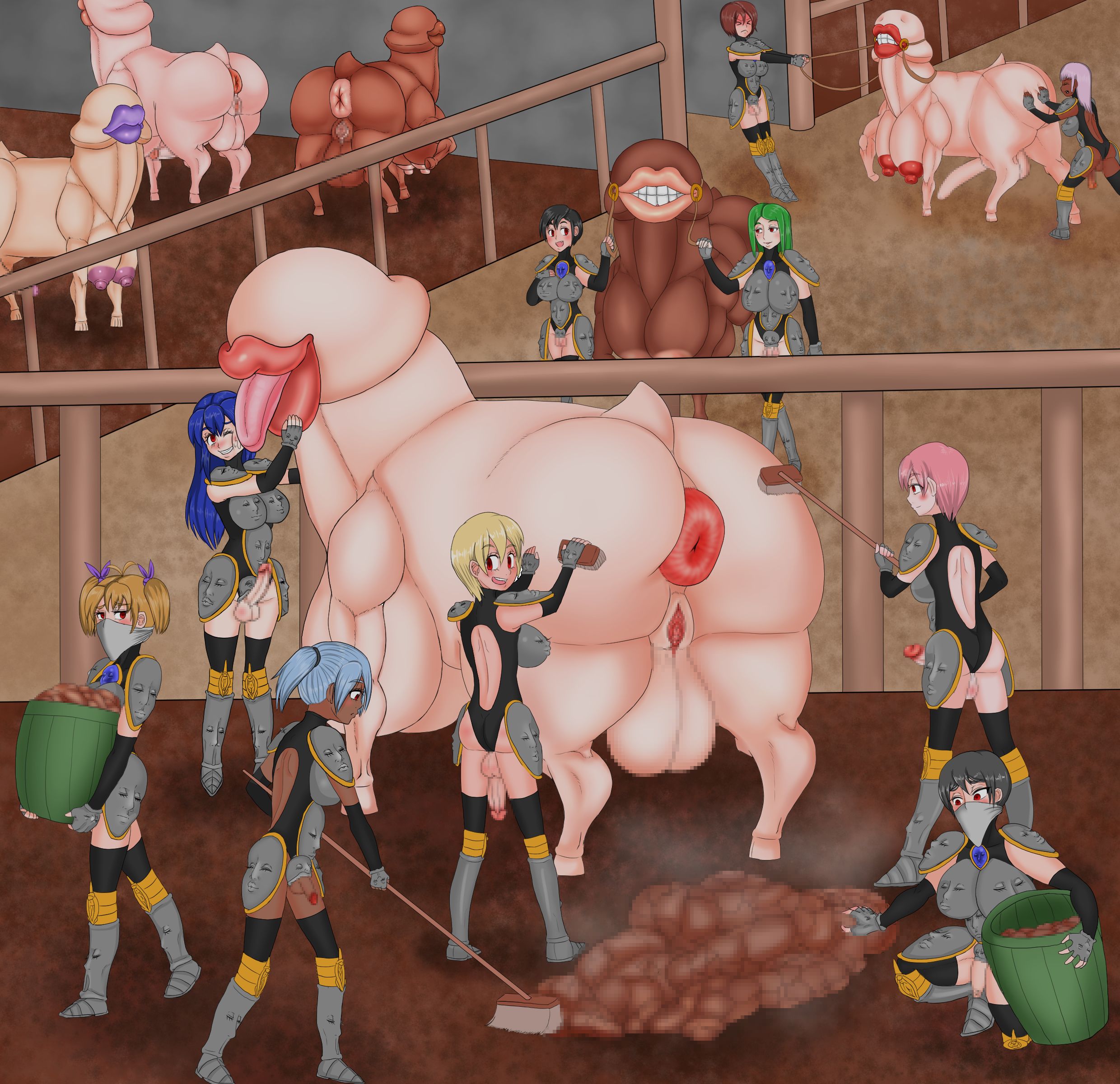 character request, absurdres, highres, 16girls, 6+futas, ???, anus, armor, balls, body horror, breasts, casual erection, casual exposure, casual nudity, clenched teeth, degeneracy, dorse, feces, female, feral, frown, full-package futa, futa only, futa with futa, futanari, group, help me, huge cock, human, hyper feces, hyper scat, ineffective clothing, intersex, large balls, large breasts, large testicles, lips, multiple futa, penis, puffy anus, purple lips, ranch, scat, shit, stelladiaabyss, teeth, testicles, transformation, what, 