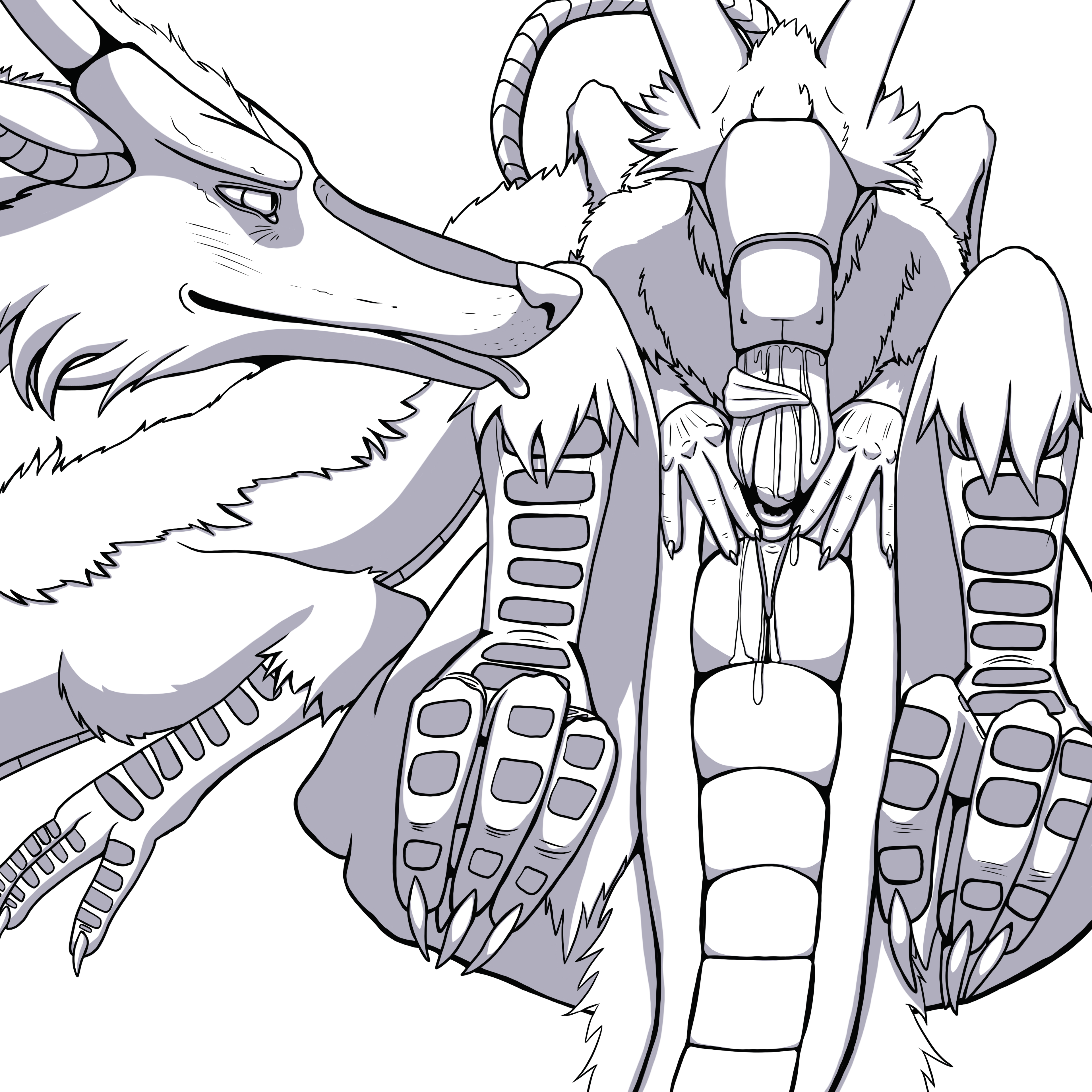 haku (spirited away), mythology, 1:1, 2019, absurd res, hi res, simple background, white background, animal genitalia, asian mythology, bodily fluids, claws, deriviera, dragon, duo, east asian mythology, eastern dragon, erection, feet, female, genital slit, hair, horn, male, nude, oral, penis, saliva, slit, straight, tongue, tongue out, 