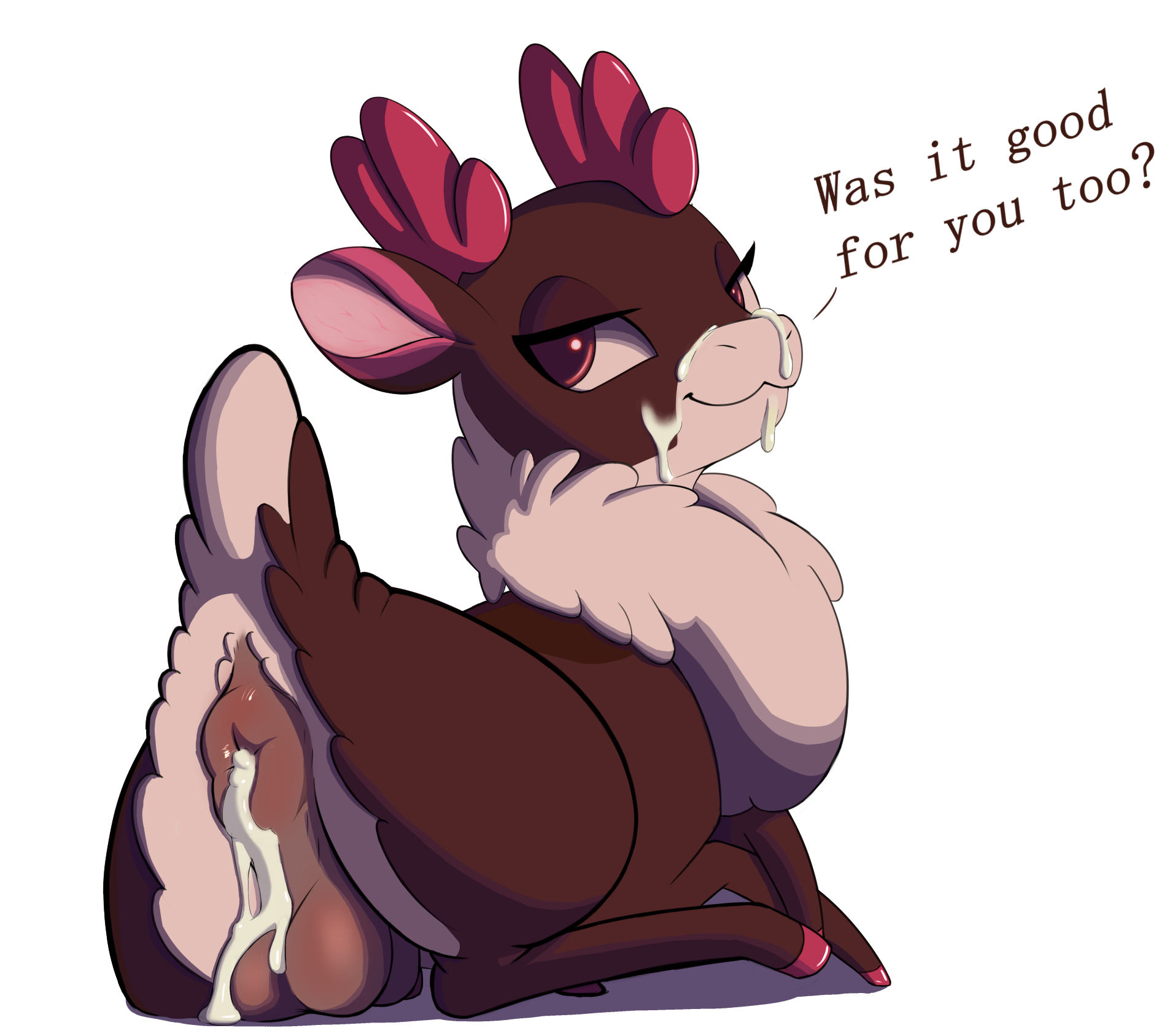 renabu, velvet reindeer (tfh), 2018, english text, hi res, rule 63, simple background, text, white background, ass, balls, cervine, cum, cum on face, feral, looking at viewer, mammal, reindeer, solo, 