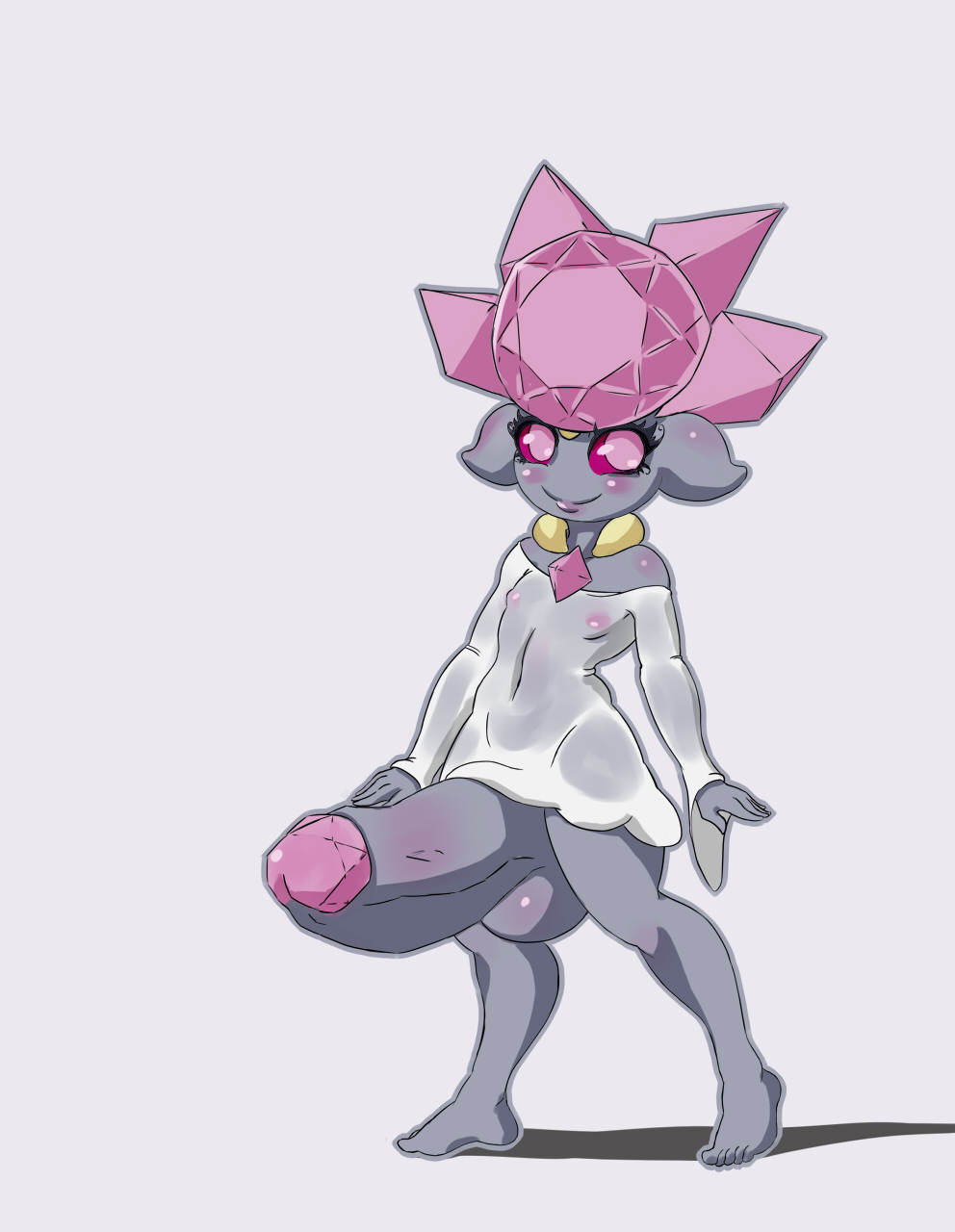 lovely mawile, diancie, nintendo, hi res, white background, 5 fingers, 5 toes, anthro, anthrofied, balls, belly, big balls, big ears, big eyes, blush, bottomless, circumcised, clothed, clothes, crossdressing, erection, eyelashes, femboy, full-length portrait, full length, gem, girly, glans, grey body, grey penis, half-dressed, huge cock, human feet, human hands, humanoid penis, long penis, looking away, male, navel, nipples, penis, pink eyes, pink nipples, plain background, pokemon, pokemorph, portrait, presenting, presenting penis, red sclera, shadow, smile, solo, standing, thick penis, toes, trap, video games, white shirt, wide hips, 