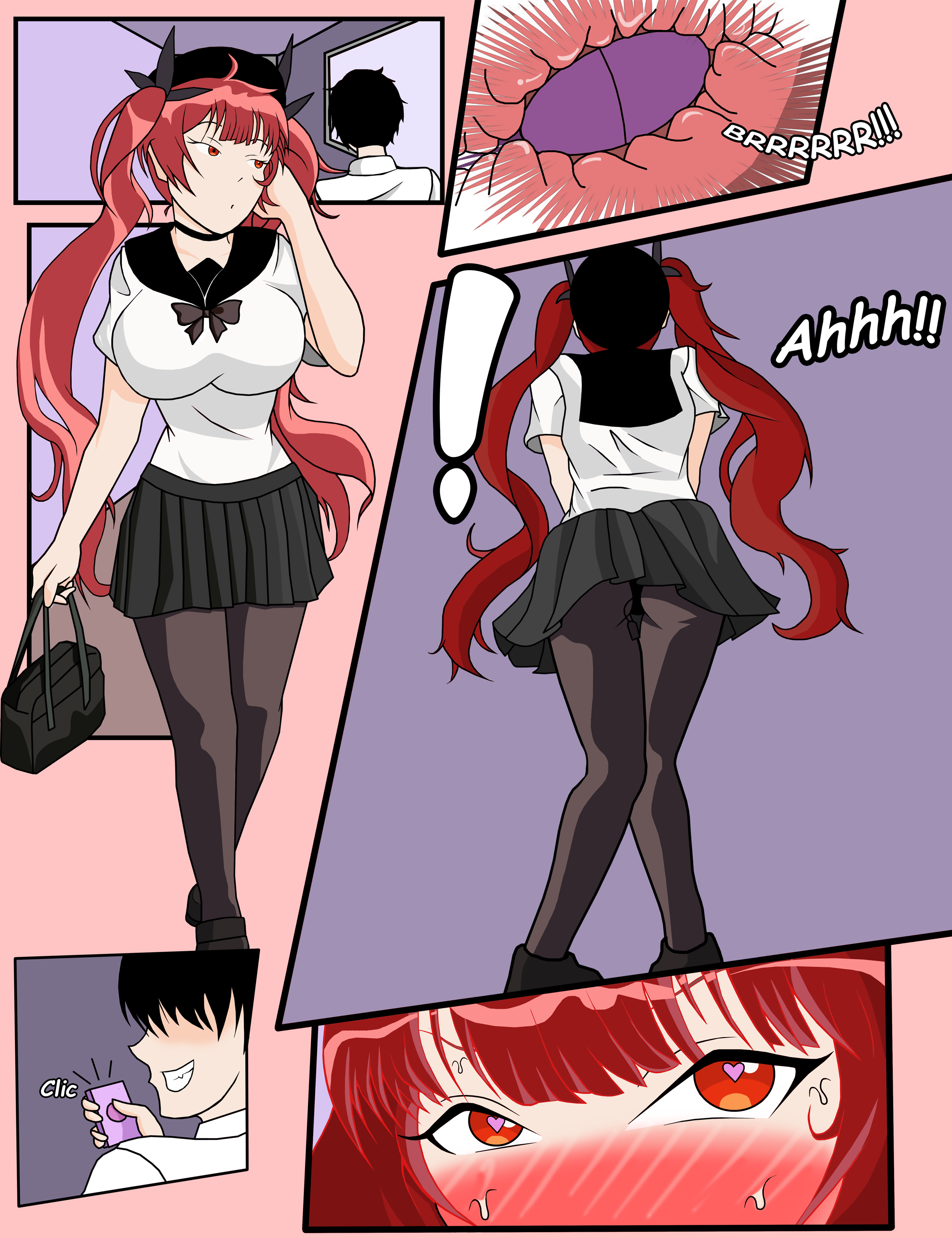honolulu (azur lane), azur lane, color, colored, 1boy, 1girls, big breasts, black hair, female, heart-shaped pupils, honolulu (umbrella girl) (azur lane), multiple views, red eyes, red hair, school uniform, schoolgirl, twintails, two-tone hair, vibrator, vibrator in pussy, vibrator under clothes, x-ray, 