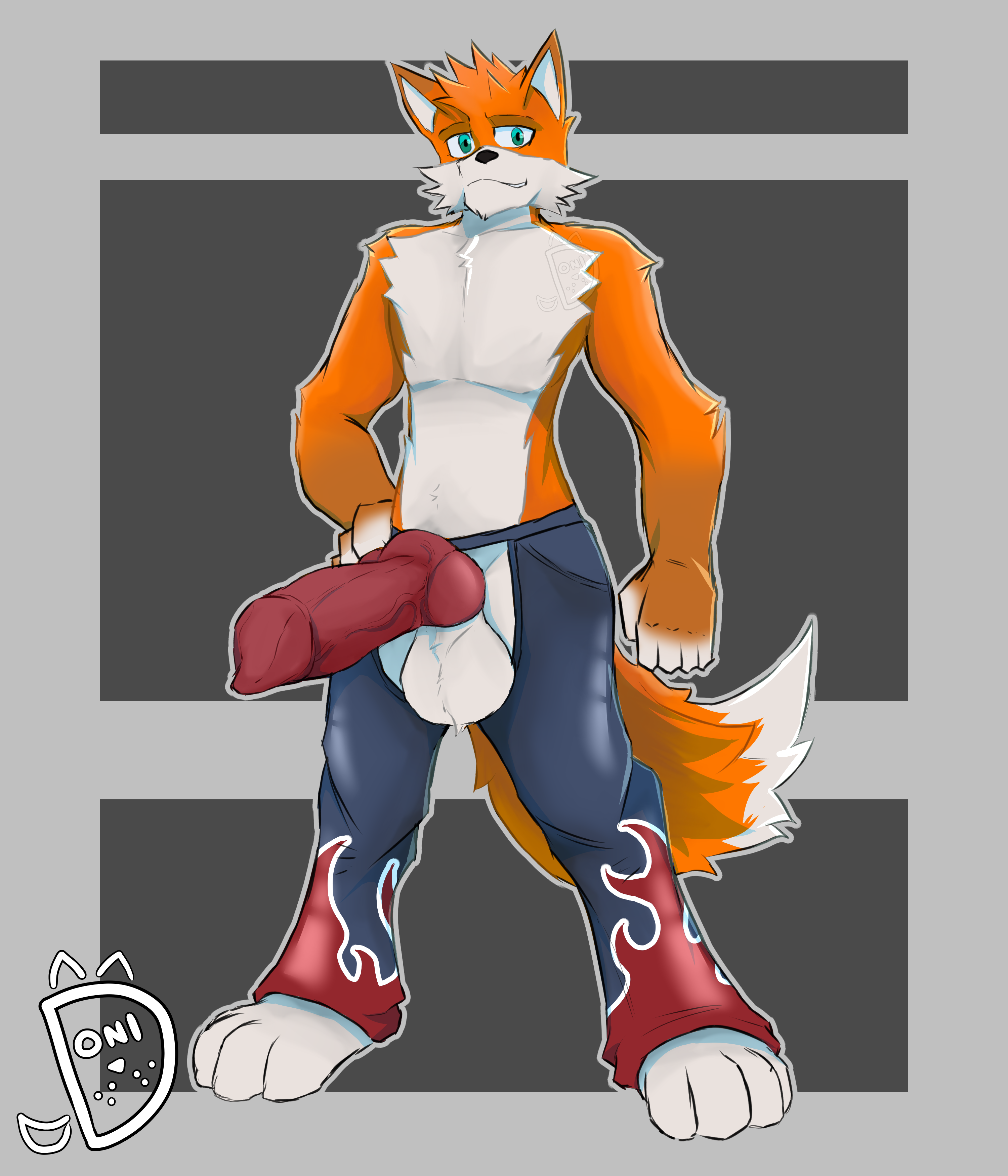 absurd res, hi res, 5 fingers, animal genitalia, anthro, athletic, balls, bottomwear, canid, canine, canine genitalia, cheek tuft, chest tuft, clothed, clothing, cobang, cobang (taiwan coolfox), denim, denim bottomwear, denim clothing, donisette, erection, facial tuft, fingers, flame pattern, fluffy, fluffy tail, fox, genitals, hair, jeans, knot, knotted penis, male, mammal, multicolored body, muscular, open bottomwear, open clothing, open pants, pants, partially clothed, penis, smug, solo, tail, taiwan coolfox, tuft, two-tone body, xu bang, xu bang (taiwan coolfox), 