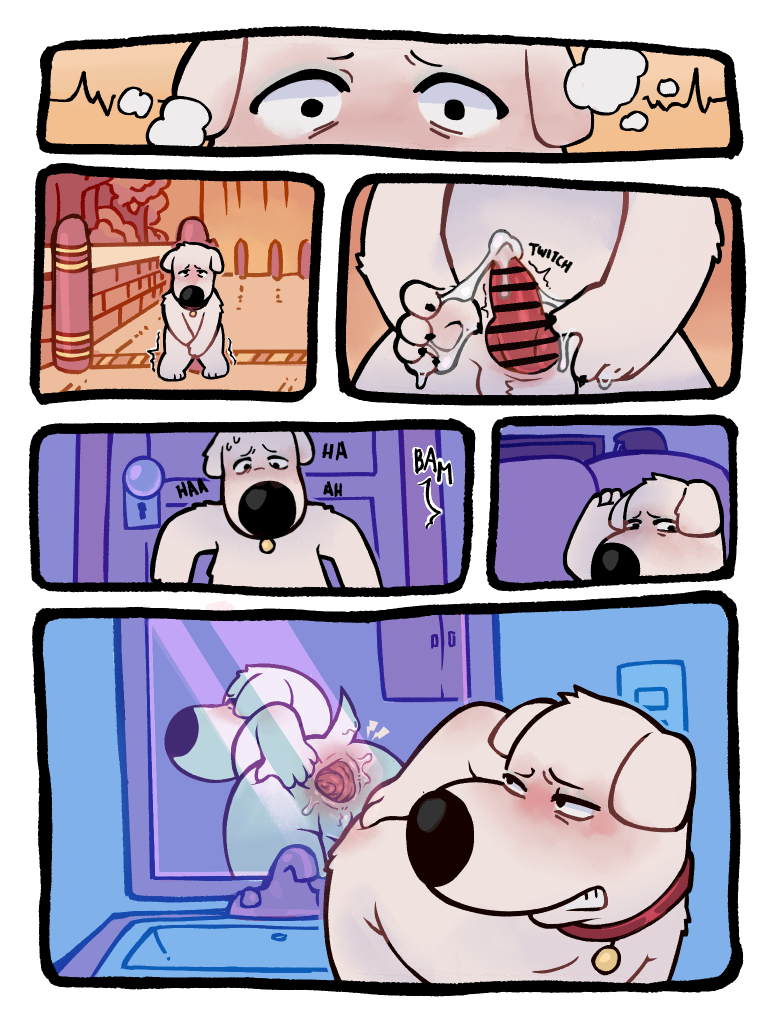 20th_century_fox 20th_century_studios animal_genitalia animal_penis anonpupb anthro anus balls bathroom blush bodily_fluids bollard brian_griffin canid canine canine_genitalia canine_penis canis censored collar comic cum cum_on_hand domestic_dog embarrassed english_text erection family_guy flustered fuzzy_door_productions gaping gaping_anus gay gay_male genital_fluids genitals hi_res inside knot looking_at_self male mammal mirror penis rear_view sheath text throbbing throbbing_penis yaoi