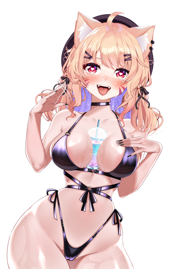 1girls :d ahoge animal_ears bangs bare_shoulders bikini blonde_hair blush breasts cat_ears cat_girl cat_tail catgirl choker cleavage collarbone compact_body cowboy_shot eyebrows_visible_through_hair face_markings fangs female hair_ornament hairclip hands_up heart heart-shaped_pupils highleg highleg_bikini large_breasts long_hair looking_at_viewer navel open_mouth pink_eyes red_eyes ribbon skindentation smile solo squchan_(vtuber) swimsuit symbol-shaped_pupils thighs tongue transparent_background twintails virtual_youtuber vyugen