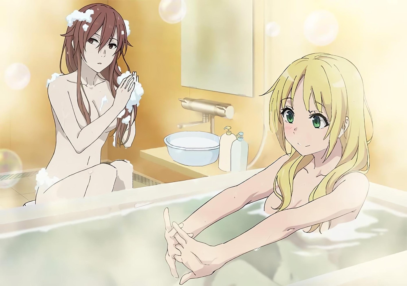 2girls, bath, bathtub, blonde hair, breasts, brown eyes, brown hair, convenient censoring, estelle rosenthal, green eyes, large breasts, long hair, multiple girls, small breasts, smile, soap bubbles, soap censor, stretch, to aru kagaku no accelerator, water, 