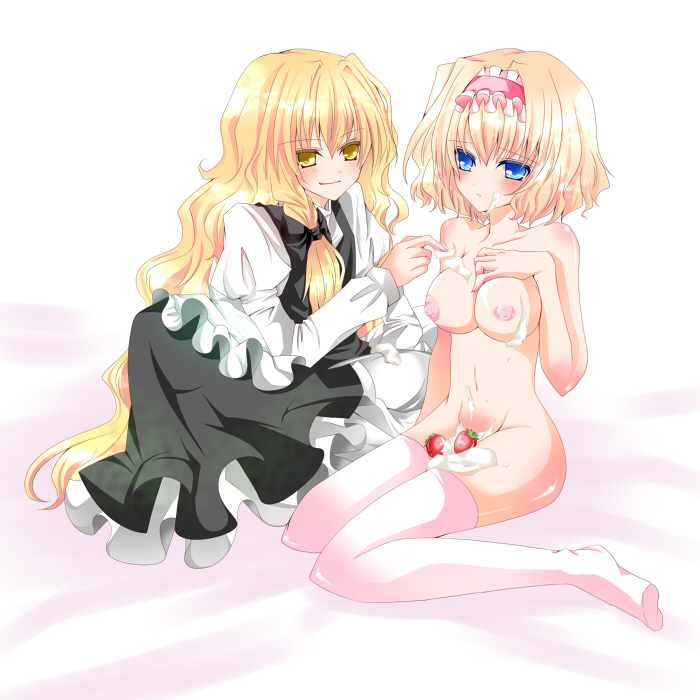 nanase nao, alice margatroid, marisa kirisame, touhou, 2girls, blonde hair, blue eyes, breasts, cream, female, food, fruit, hairband, human, long hair, multiple girls, nipples, nude, nyotaimori, short hair, strawberry, thighhighs, yellow eyes, yuri, 
