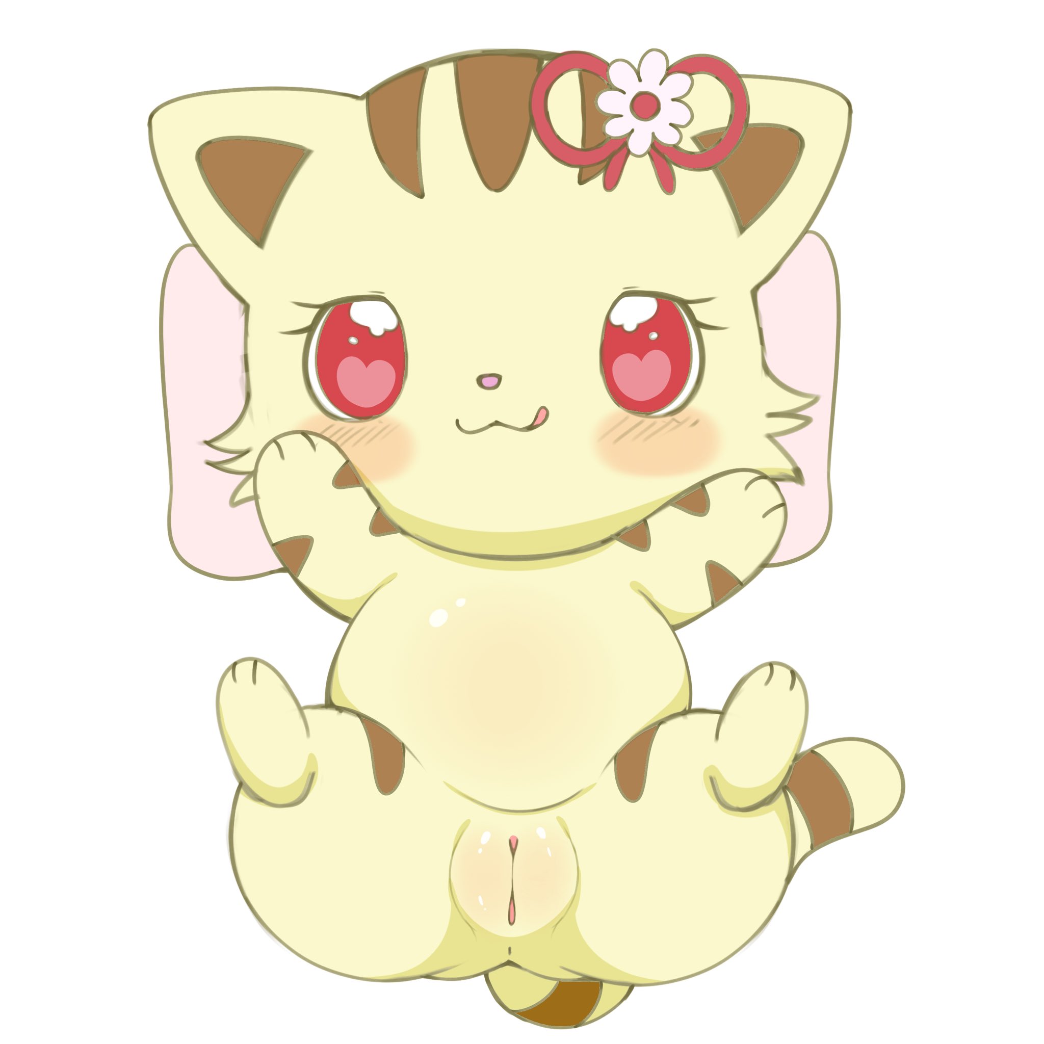 sango (jewelpet), jewelpet, sanrio, hi res, accessory, anus, azuo, blush, domestic cat, felid, feline, felis, female, female feral, feral, flower, flower in hair, fur, genitals, hair, hair accessory, heart eyes, heart symbol, licking, licking lips, lying, mammal, on back, pillow, pink eyes, plant, plump labia, pussy, sega fave, spread legs, spreading, striped body, striped fur, stripes, tabby cat, tan body, tan fur, tongue, tongue out, 